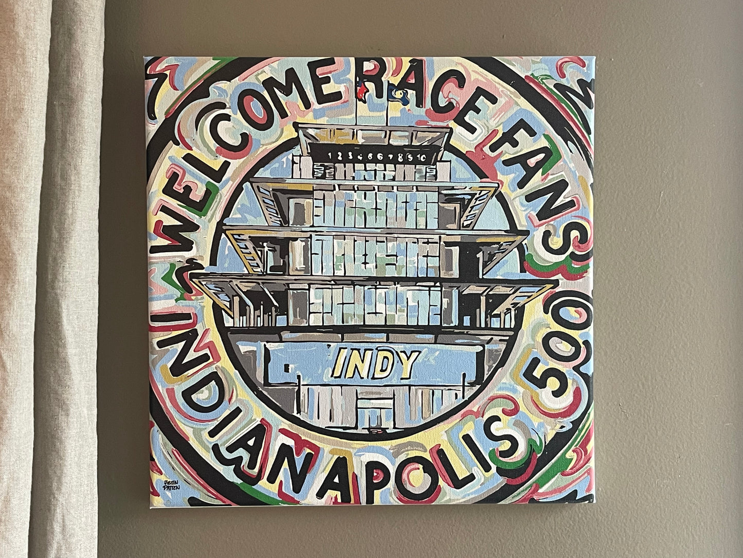 Indianapolis Motor Speedway 12"x12" Welcome Race Fans Pagoda Wrapped Canvas Print by Justin Patten