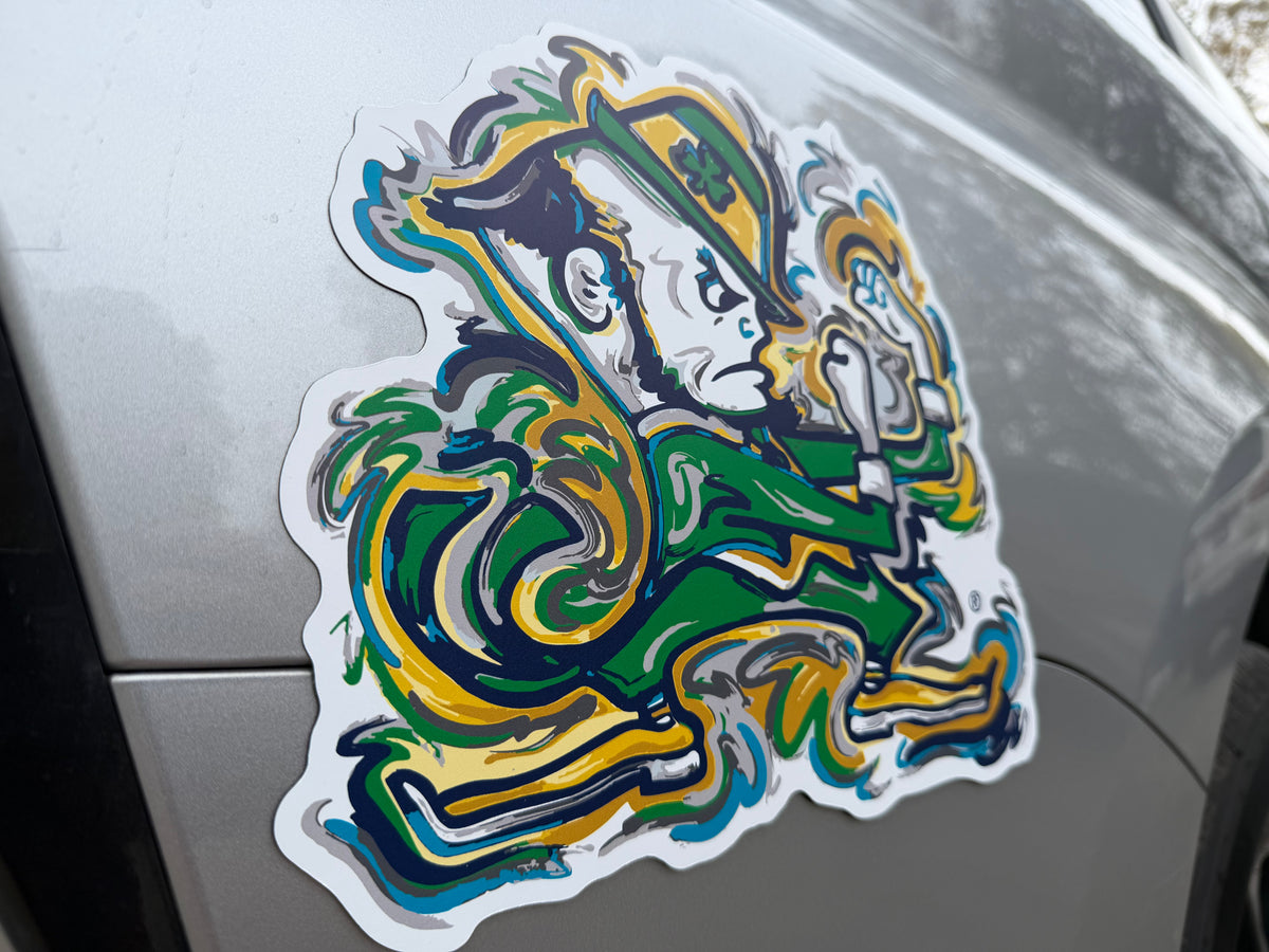 University of Notre Dame leprechaun mascot magnet, close view of its green and gold artwork
