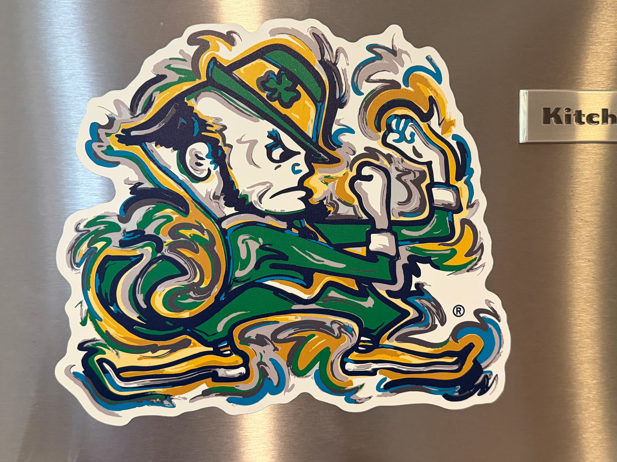 University of Notre Dame leprechaun mascot magnet with a fighting leprechaun illustration