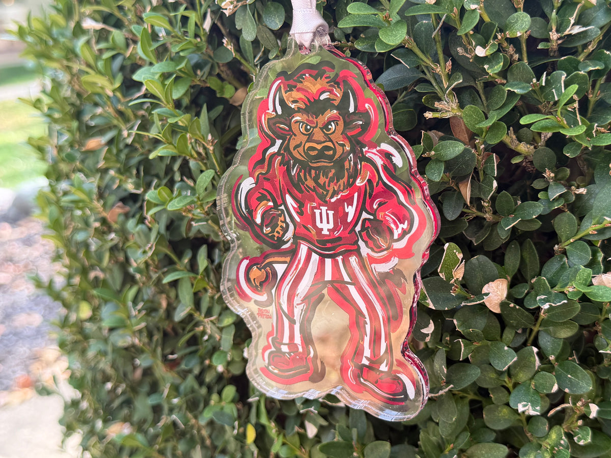 Indiana University bison mascot ornament with a clear acrylic edge and hanging loop