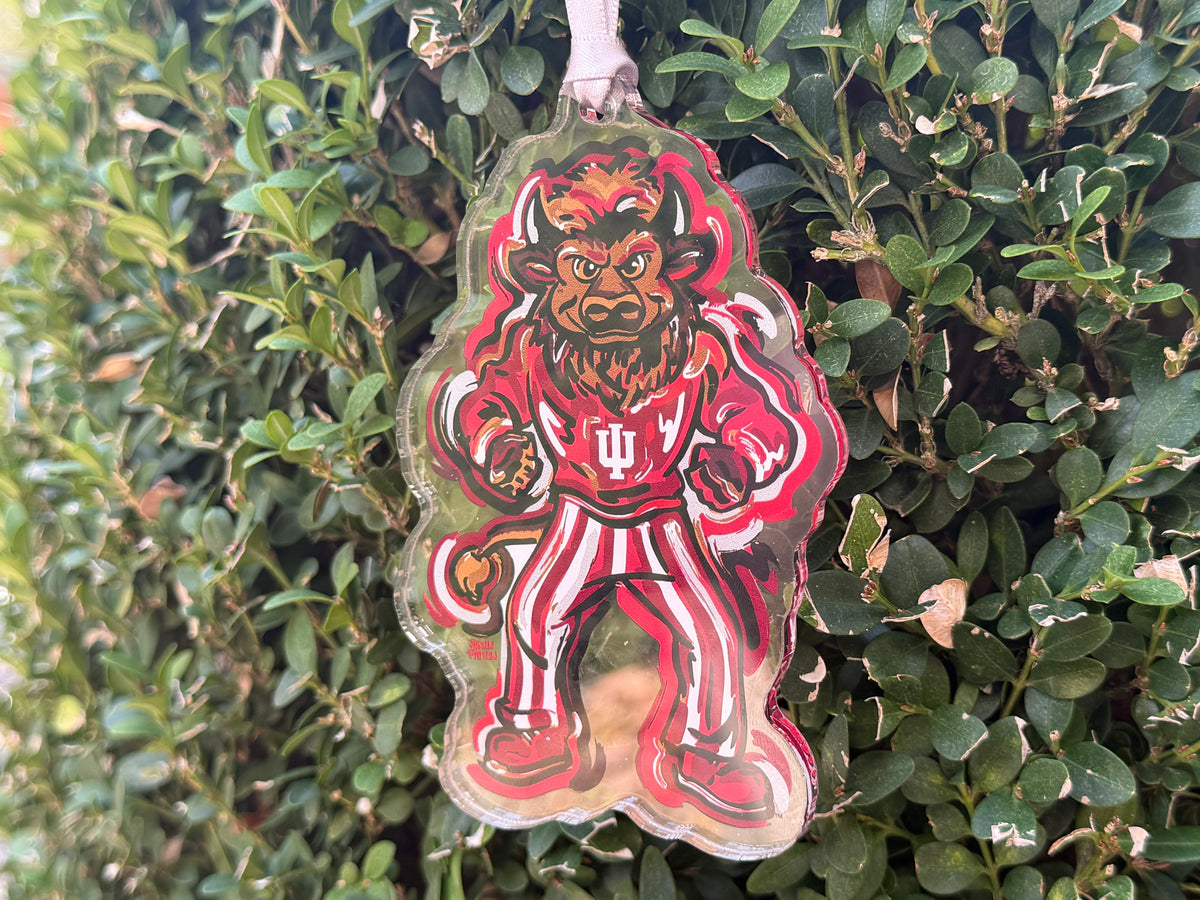Acrylic Indiana University bison ornament featuring a red-and-white uniform