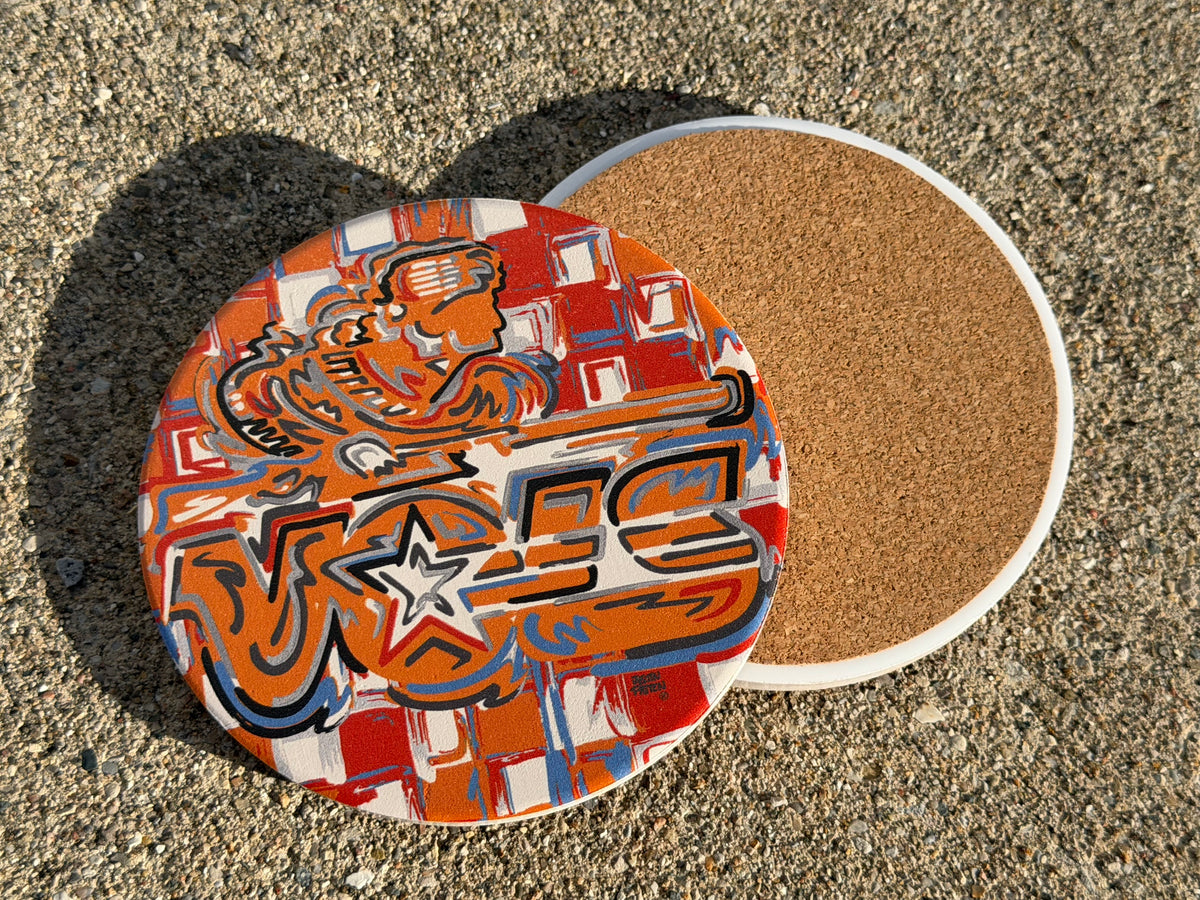 University of Tennessee stone coaster with colorful VOLS Rifleman design and cork backing