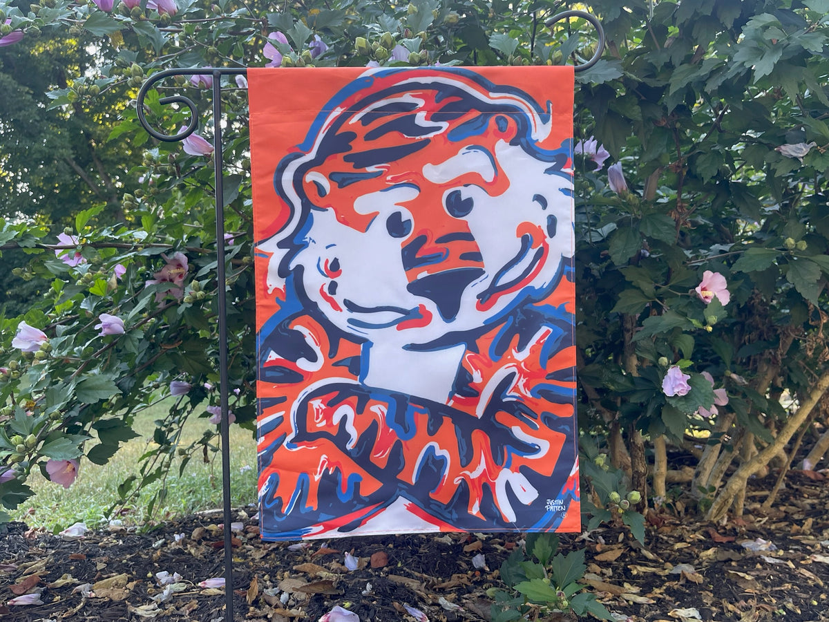 Auburn Aubie garden flag, 12x18, orange and blue cartoon dog portrait