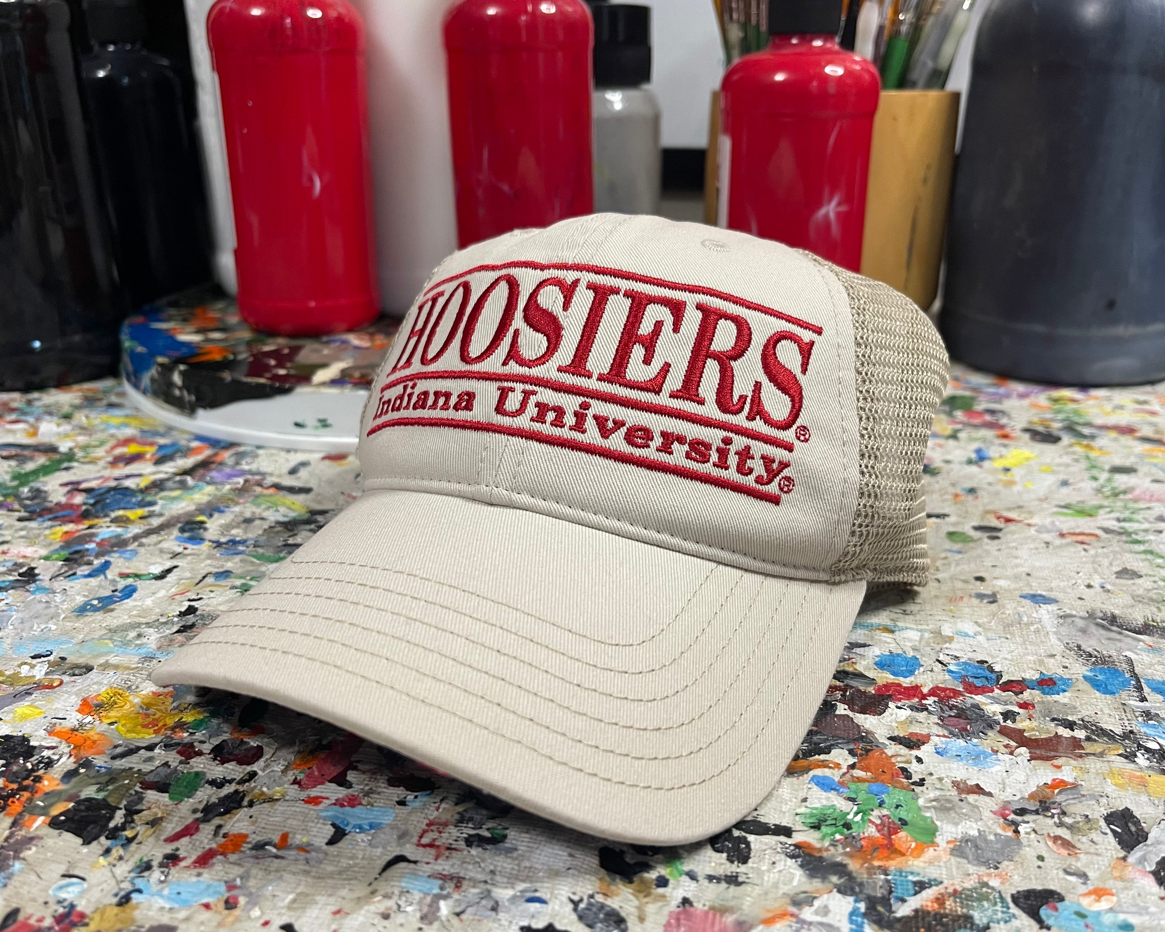 Indiana University Trucker Hat with Art Under Bill by Justin Patten (Stone)
