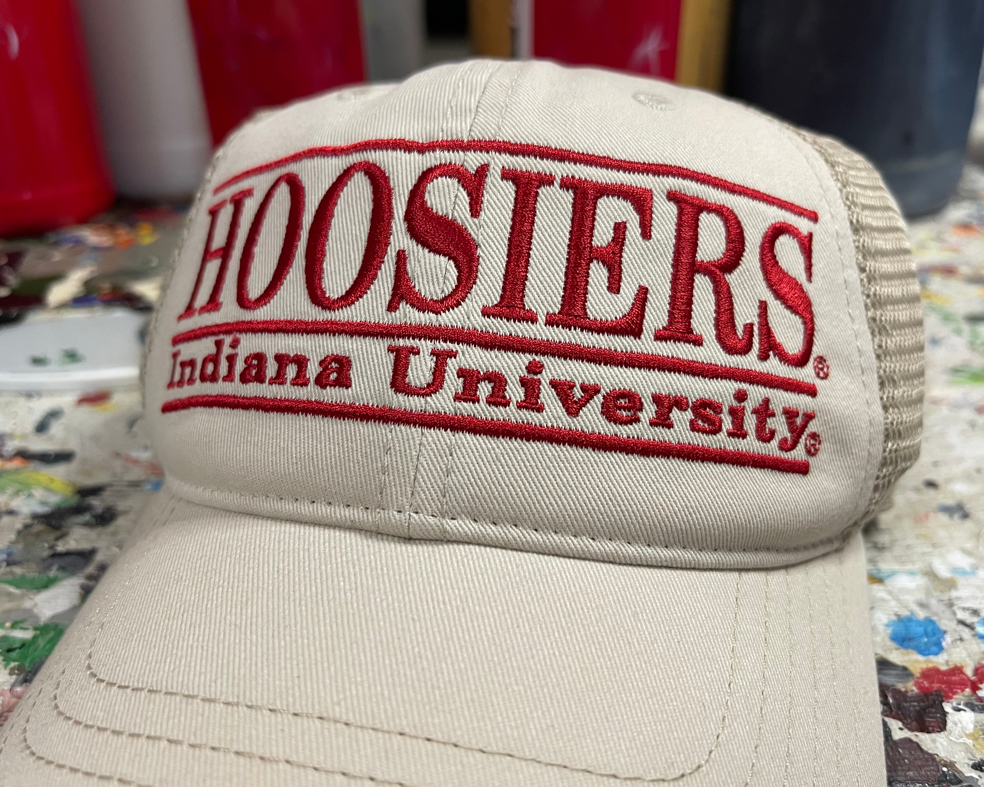 Indiana University Trucker Hat with Art Under Bill by Justin Patten (Stone)