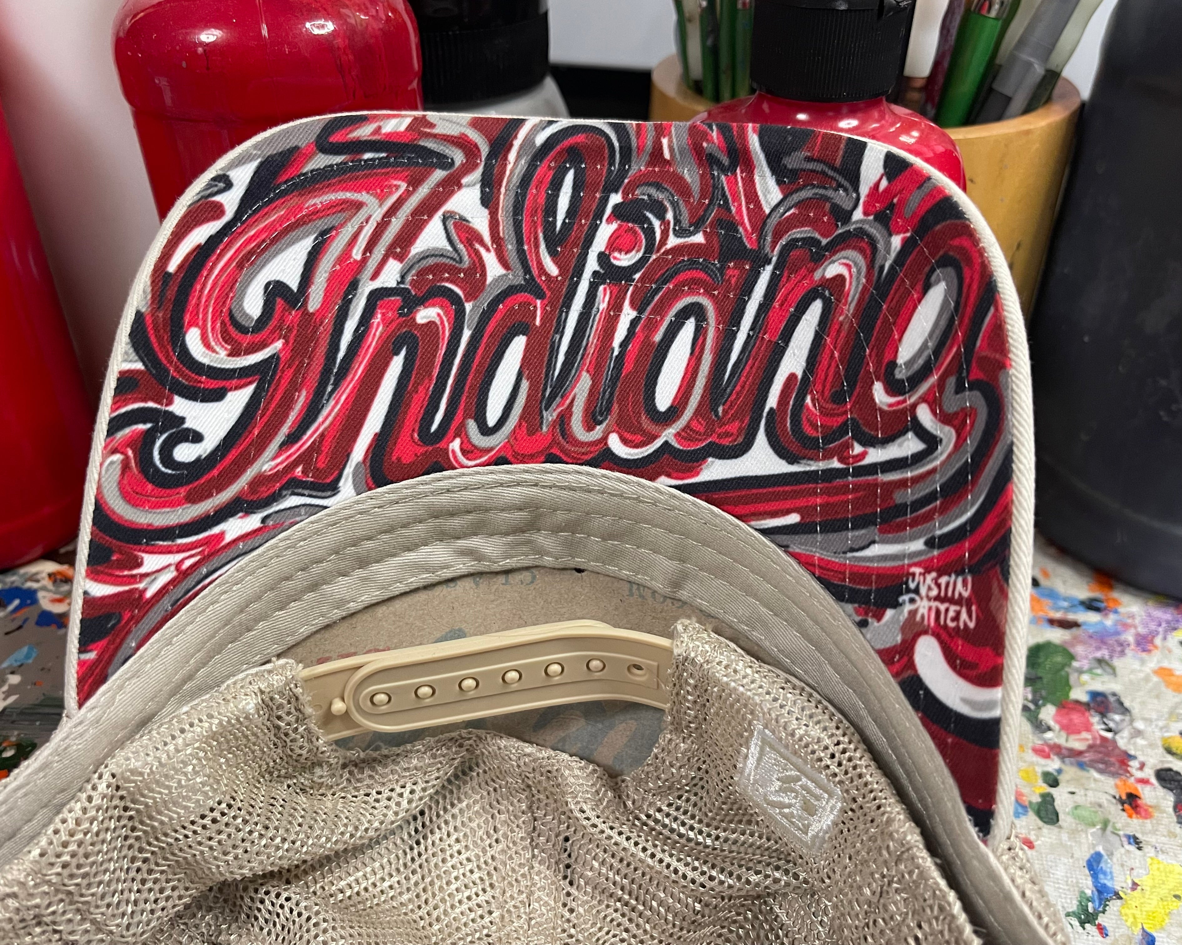 Indiana University Trucker Hat with Art Under Bill by Justin Patten (Stone)