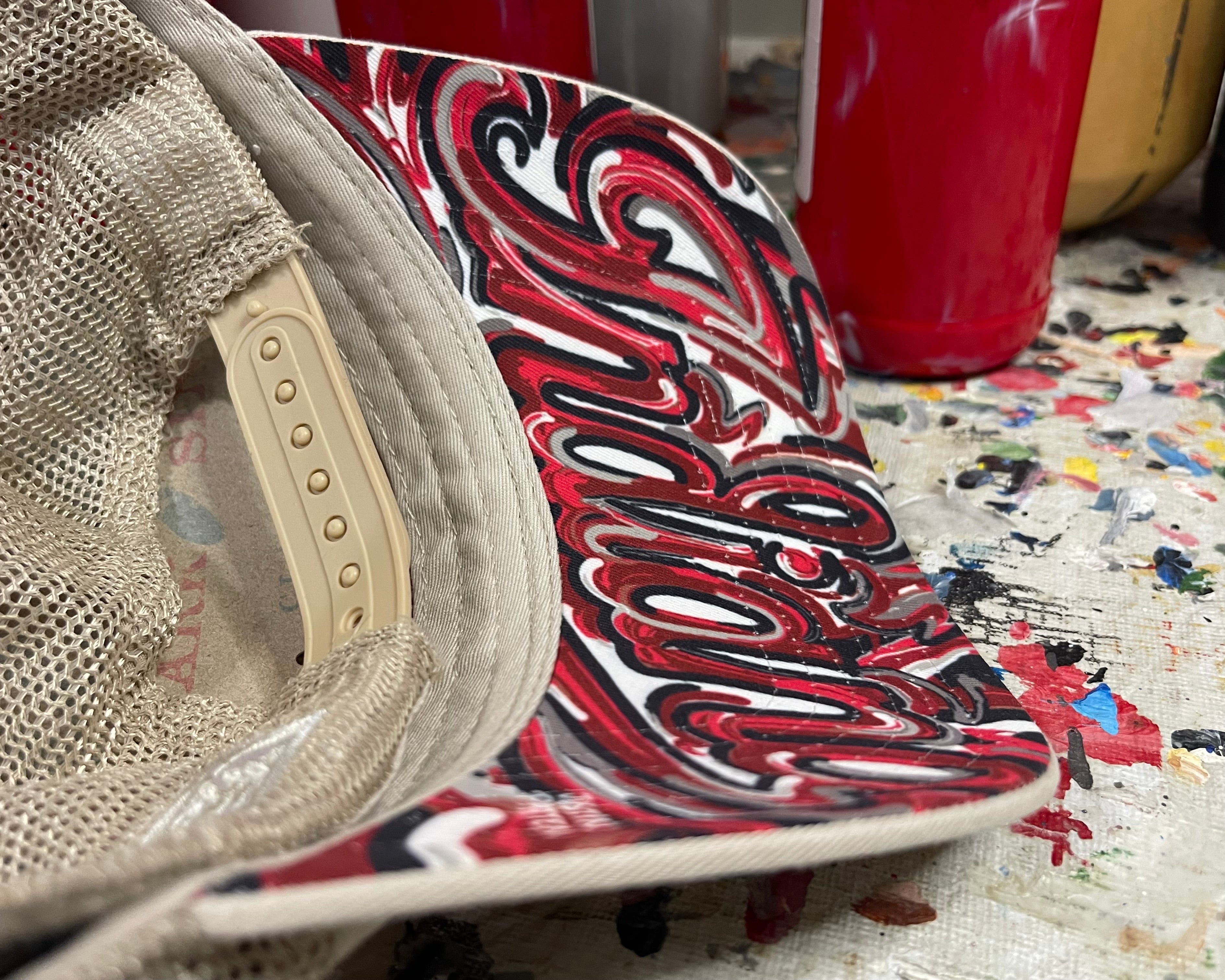 Indiana University Trucker Hat with Art Under Bill by Justin Patten (Stone)