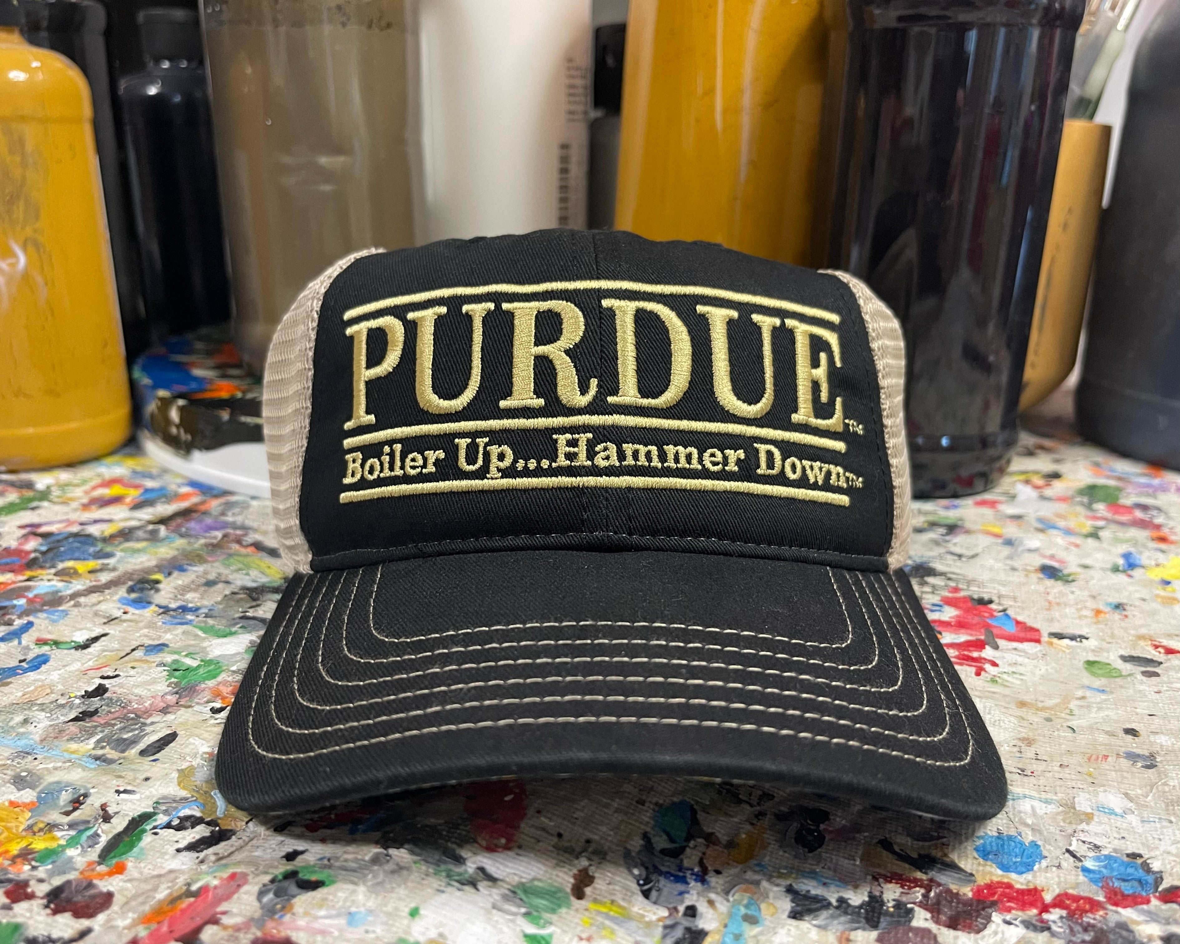 Purdue University Trucker Hat with Art Under Bill by Justin Patten (Black) (Boiler Up... Hammer Down)