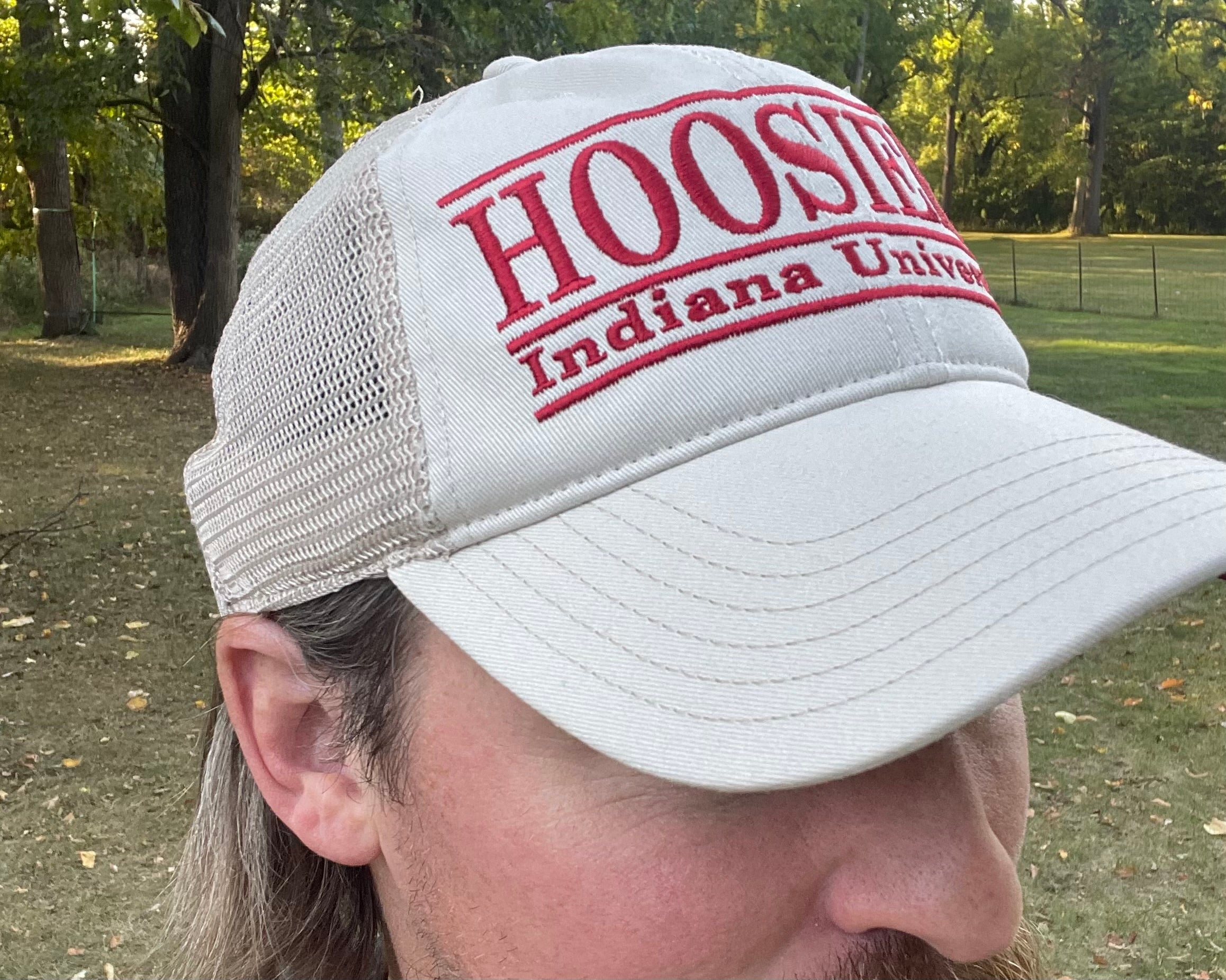 Indiana University Trucker Hat with Art Under Bill by Justin Patten (Stone)