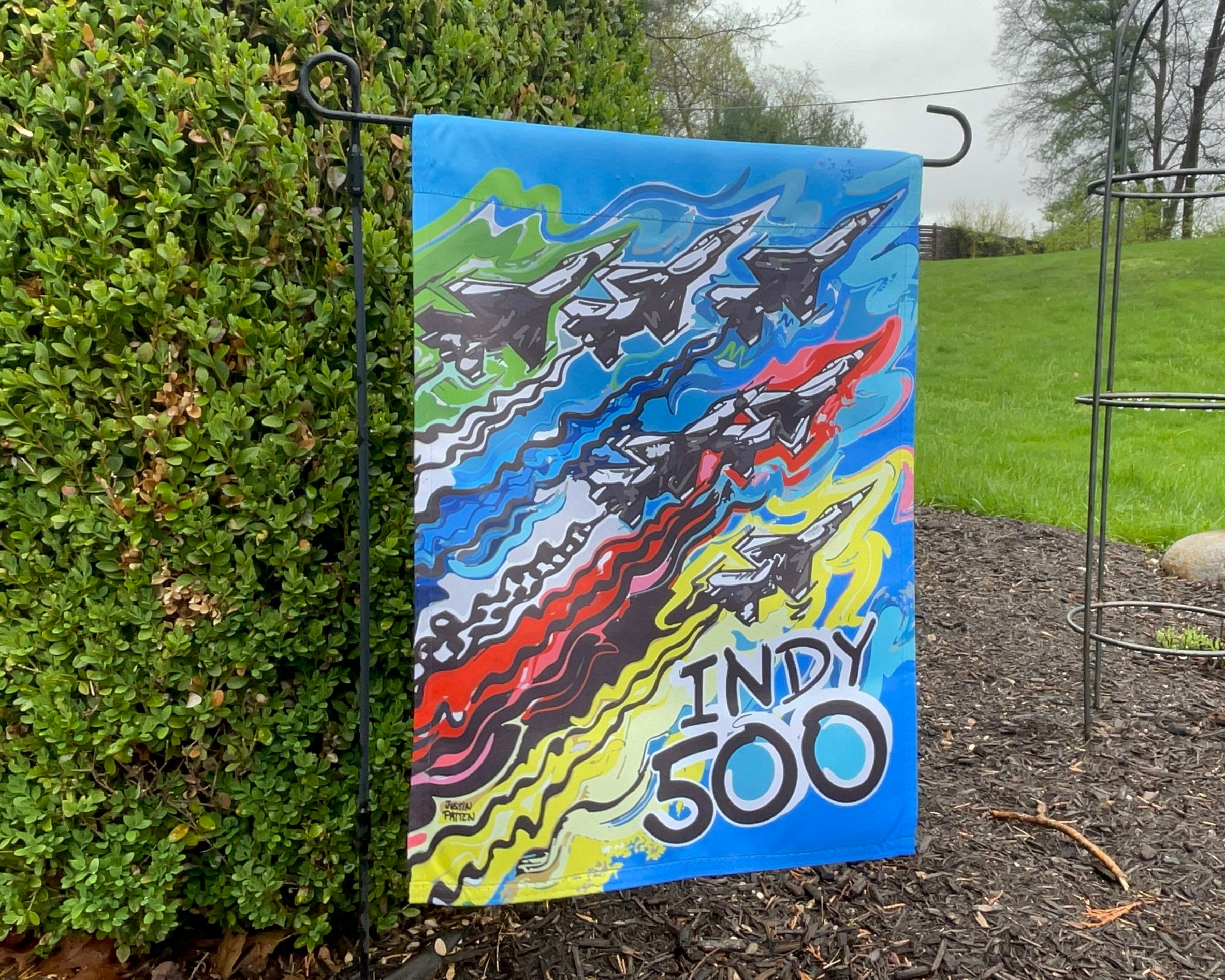 Indianapolis Motor Speedway Flyover Garden Flag (12”x18” in.) by Justin Patten