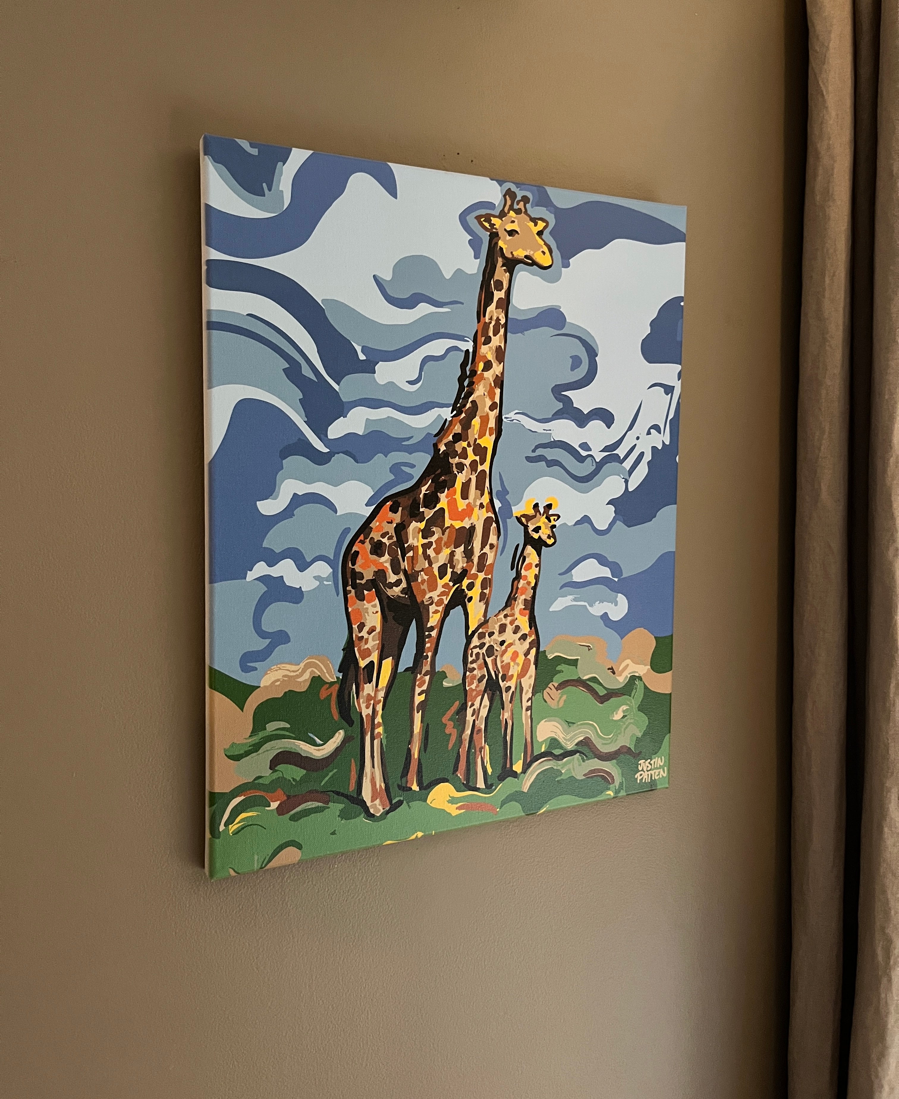 Giraffe Momma and Baby 16"x20" Wrapped Canvas Print by Justin Patten