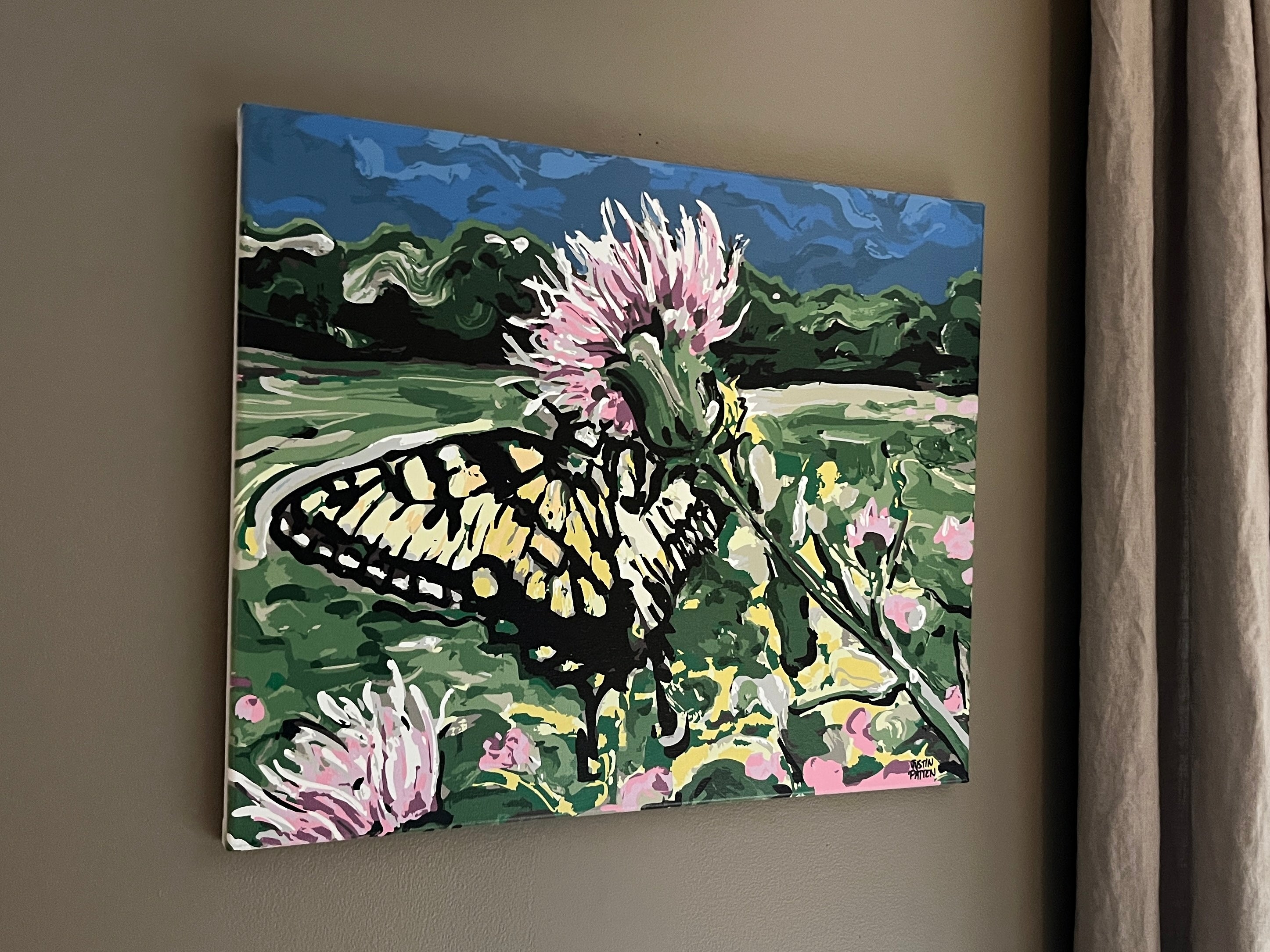 Butterfly on Thistle 20"x16" Wrapped Canvas Print by Justin Patten
