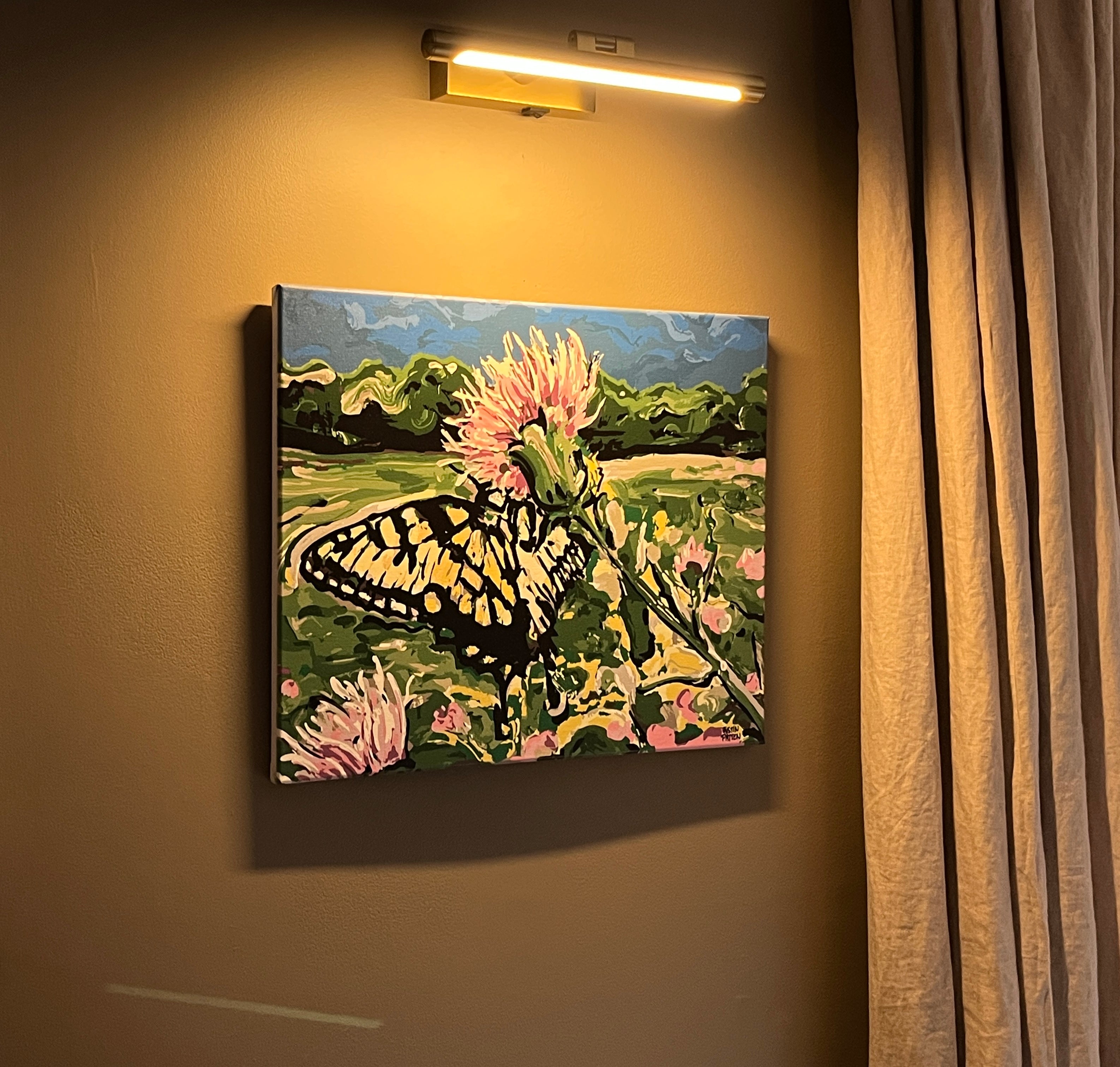 Butterfly on Thistle 20"x16" Wrapped Canvas Print by Justin Patten