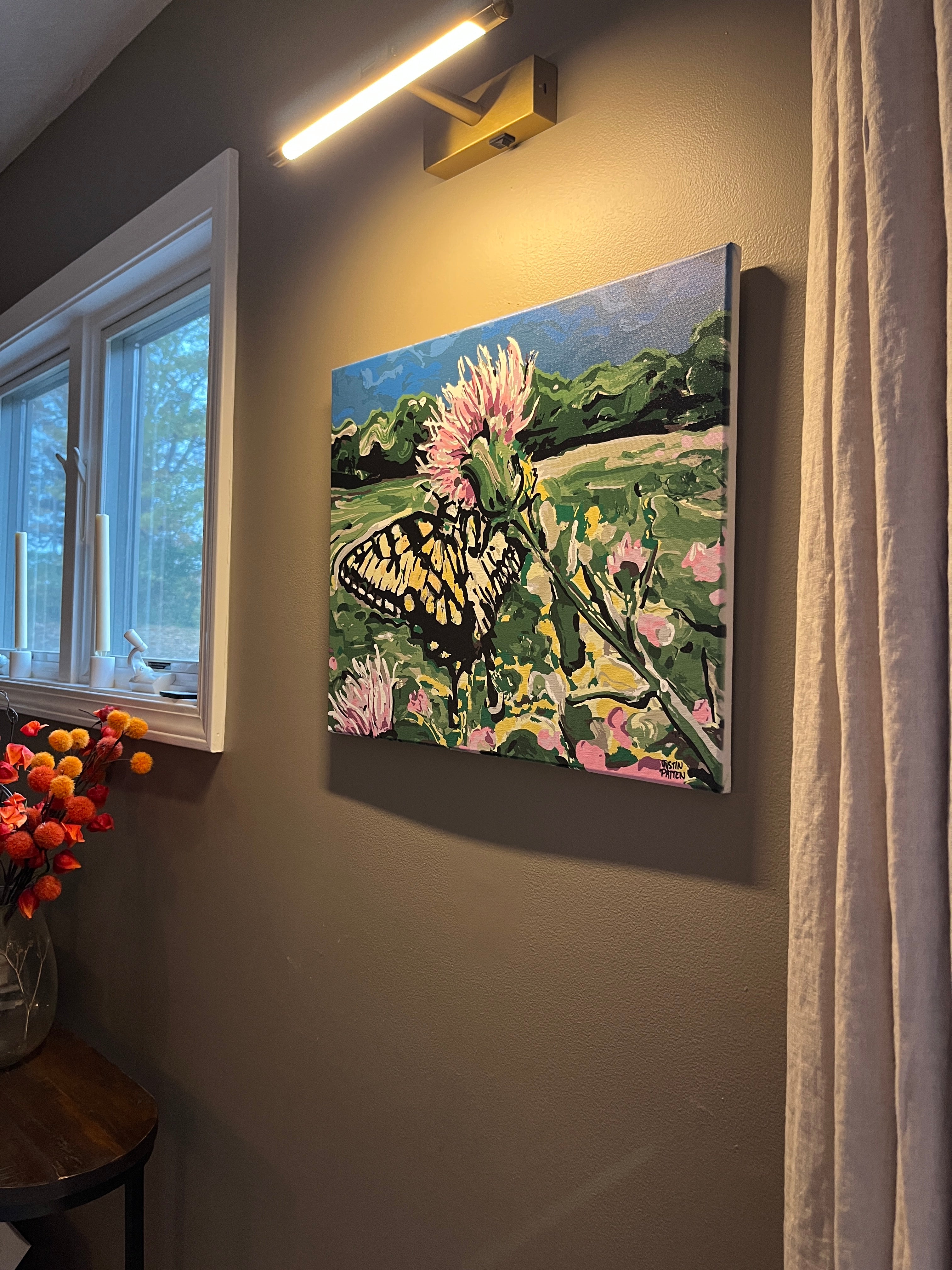 Butterfly on Thistle 20"x16" Wrapped Canvas Print by Justin Patten