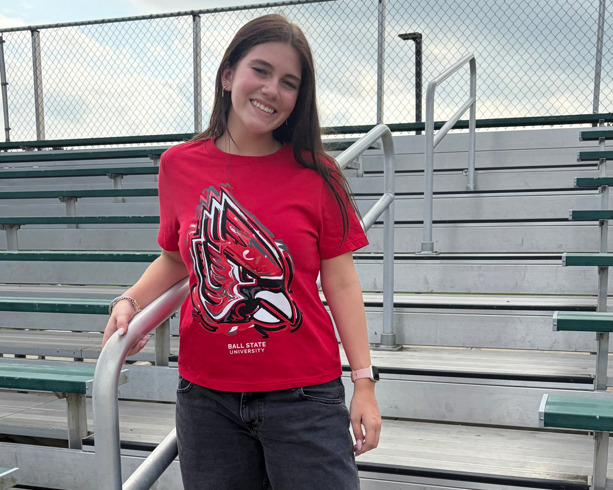 Ball State University Women's Boxy Tee by Justin Patten (Color: Red)(Ball State, Cardinals, Chirp Chirp, Muncie Indiana)