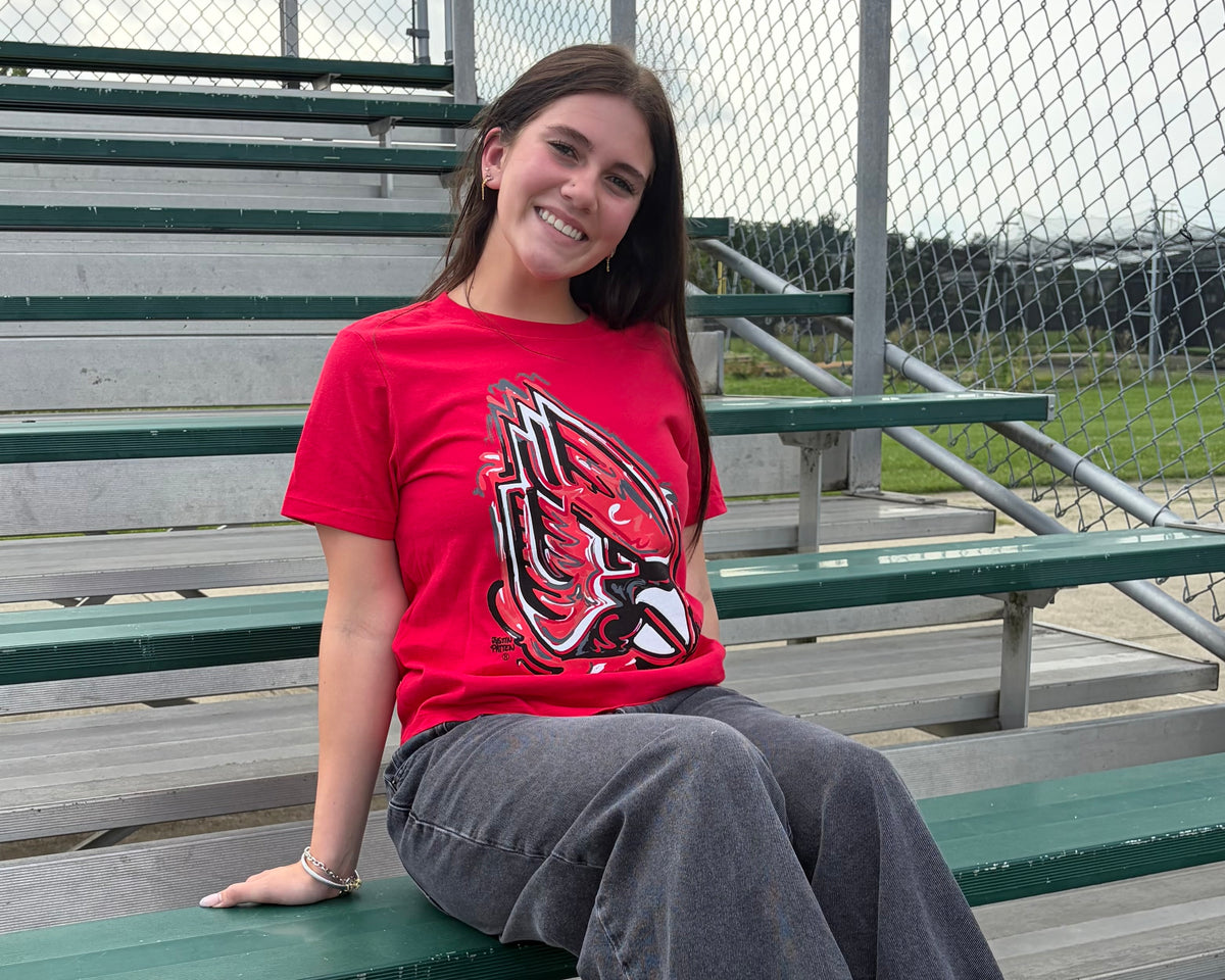 Ball State University Women's Boxy Tee by Justin Patten (Color: Red)(Ball State, Cardinals, Chirp Chirp, Muncie Indiana)