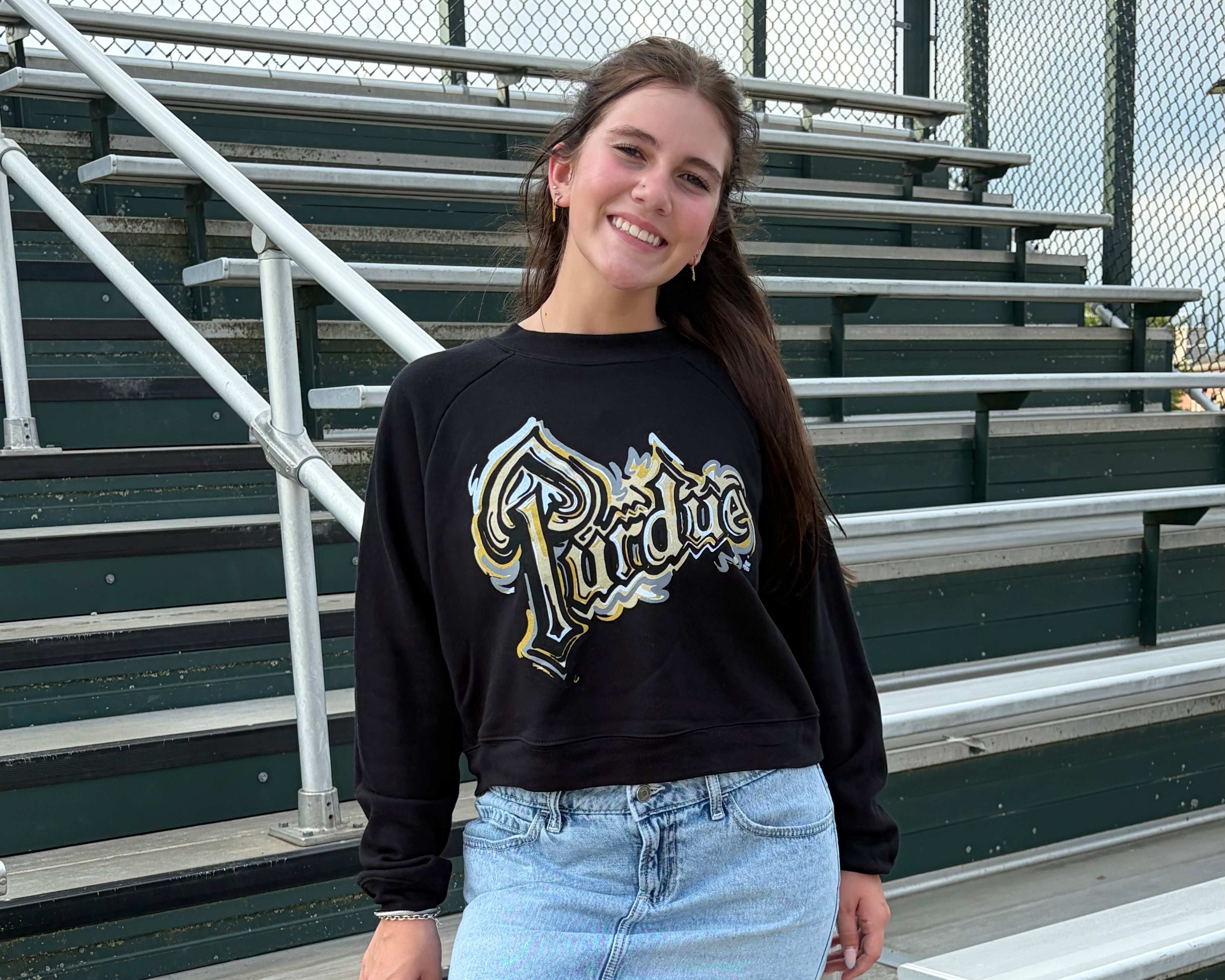 Purdue Drum Cropped Women's Crew by Justin Patten (Color: Black) (Purdue Pete, Boilermaker, Purdue Train)