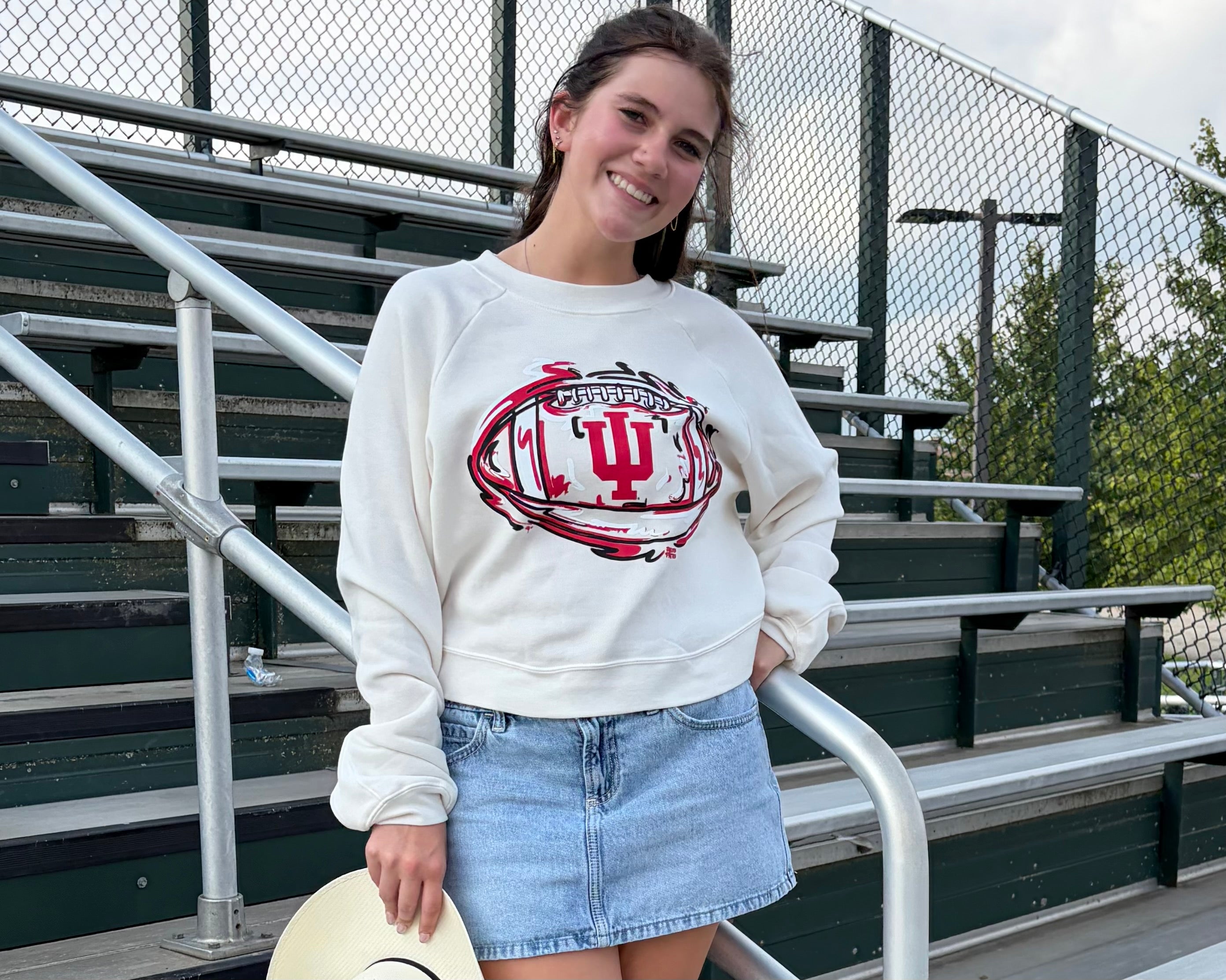 Indiana University Football Women's Cropped Fleece Crew by Justin Patten (Color: White)(IU, Bison, Hoosiers, Bloomington)