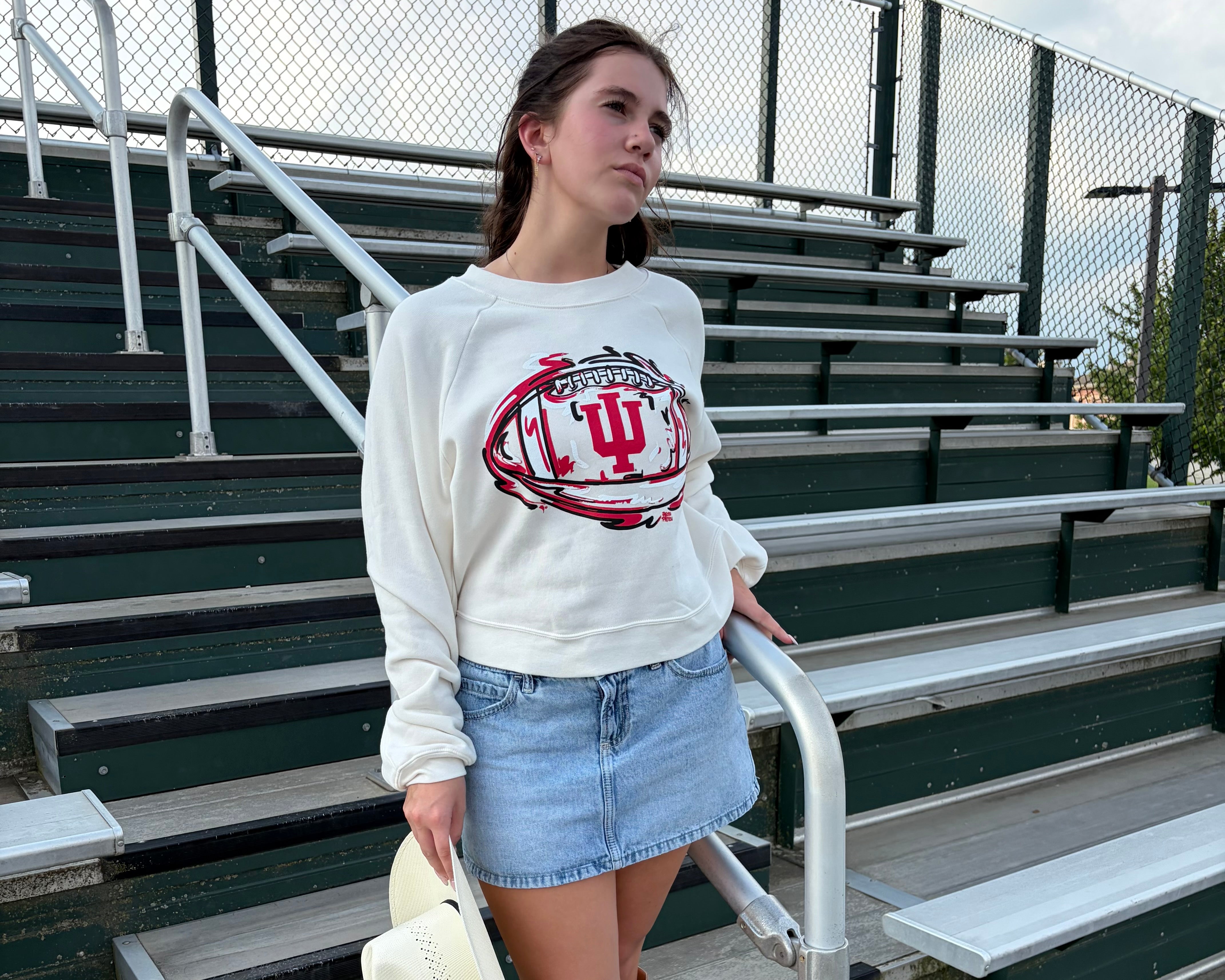 Indiana University Football Women's Cropped Fleece Crew by Justin Patten (Color: White)(IU, Bison, Hoosiers, Bloomington)