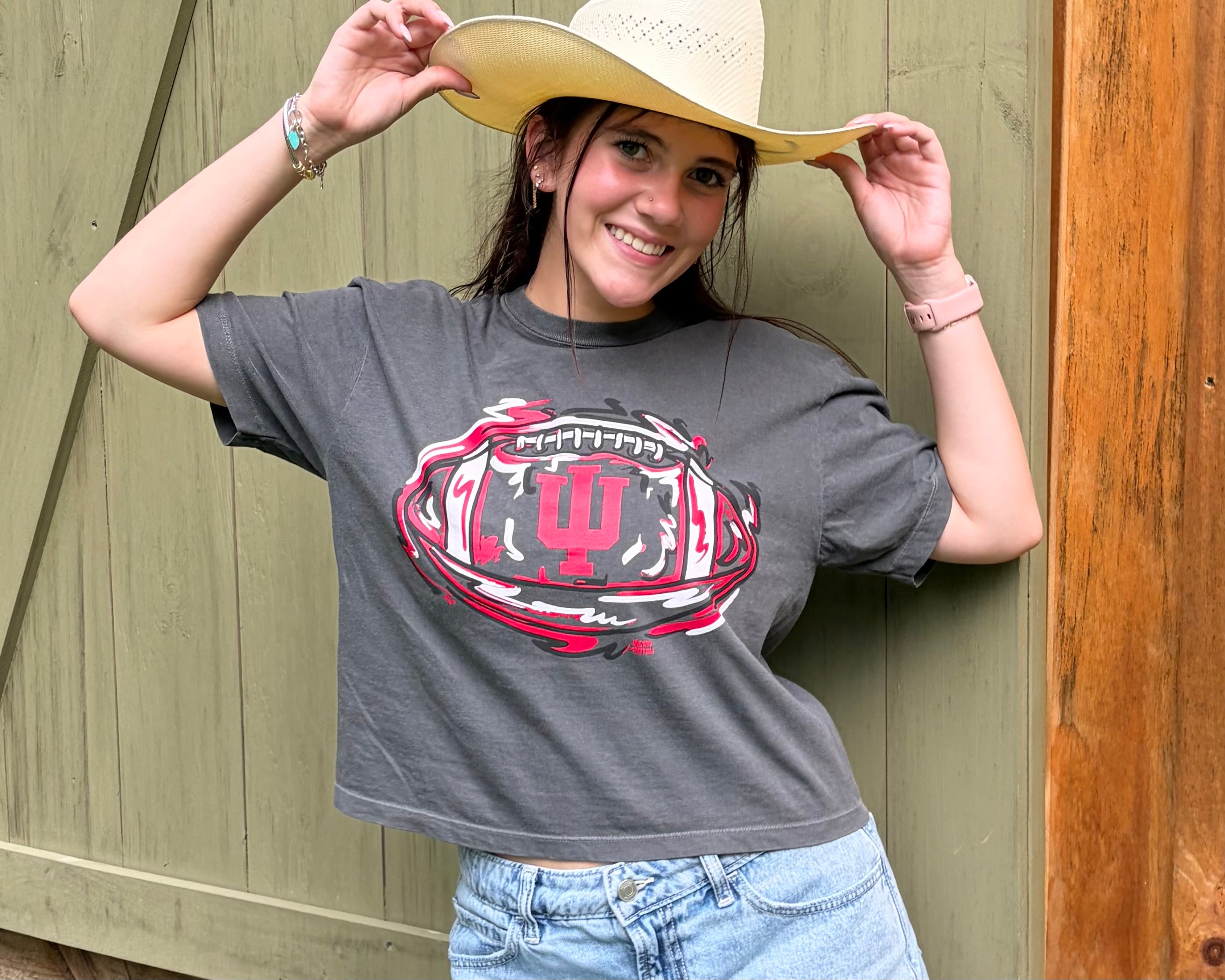 Indiana University Football Women's Boxy Tee by Justin Patten (Color: Pepper)(IU, Bison, Hoosiers, Bloomington