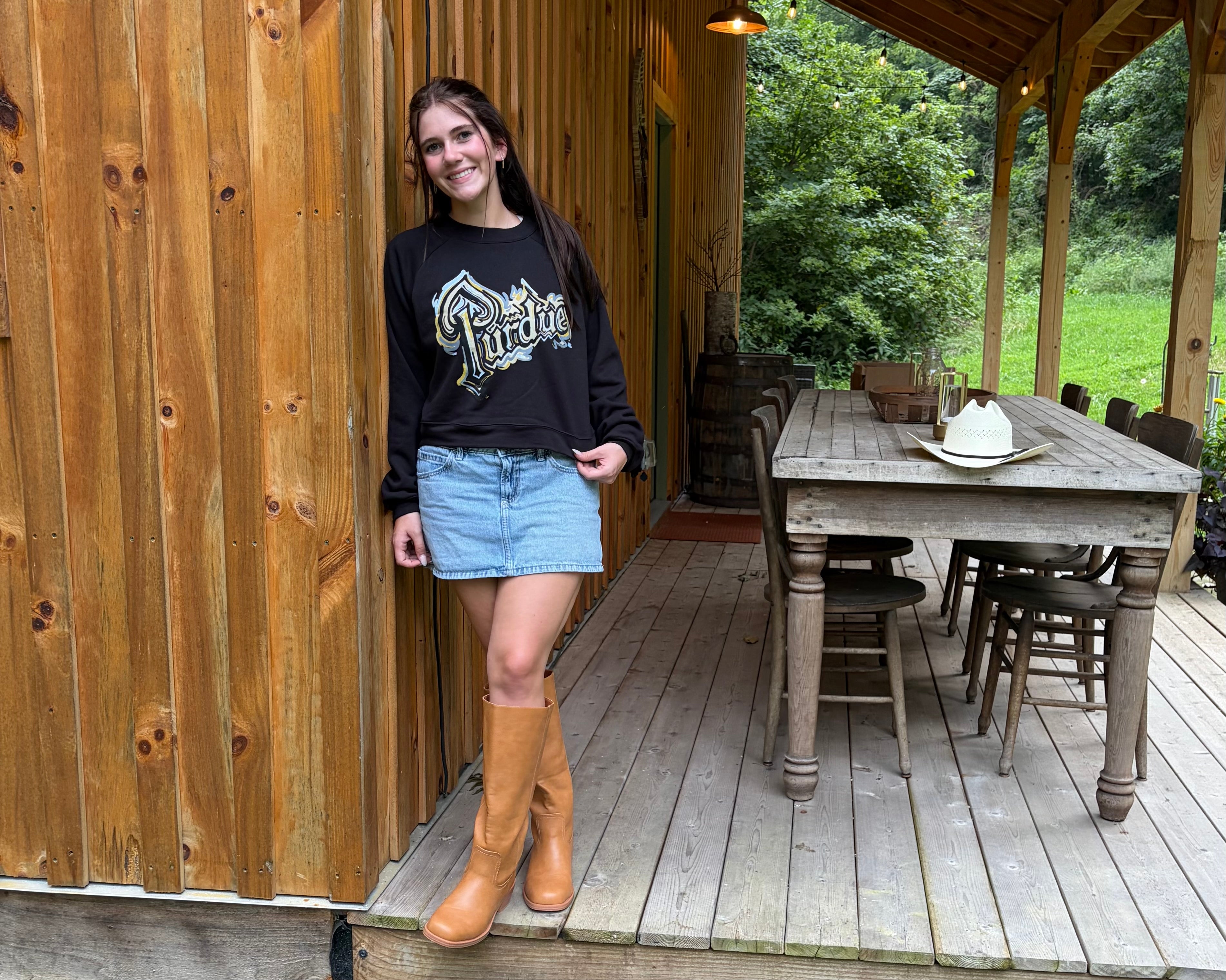 Purdue Drum Cropped Women's Crew by Justin Patten (Color: Black) (Purdue Pete, Boilermaker, Purdue Train)