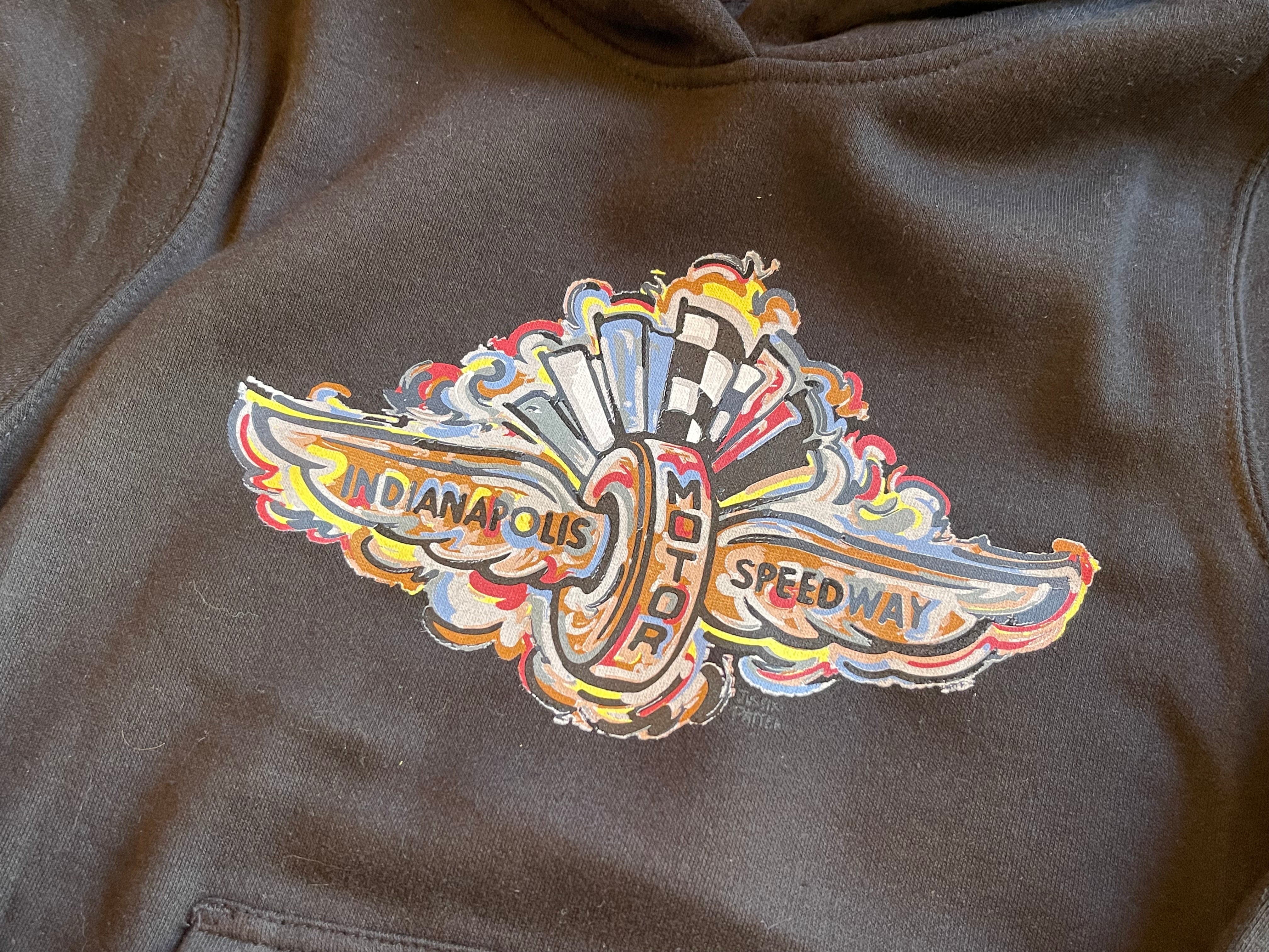 Indianapolis Motor Speedway Wing and Wheel Youth Hoodie  by Justin Patten (Black)
