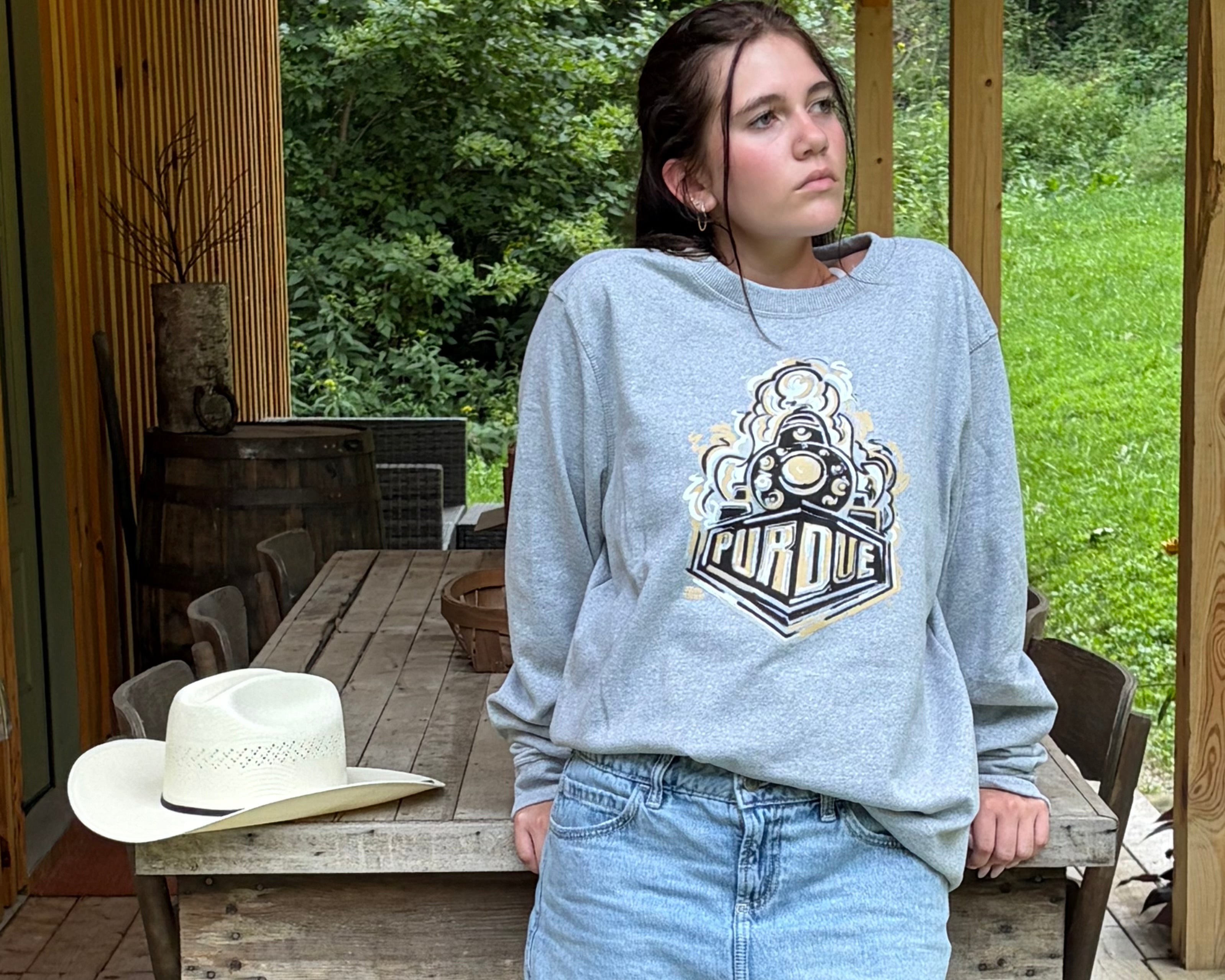 Purdue University Boilermaker Special Unisex Fleece Crew by Justin Patten (Color: Light Grey Heather) (Purdue Pete, Boilermaker, Purdue Train)