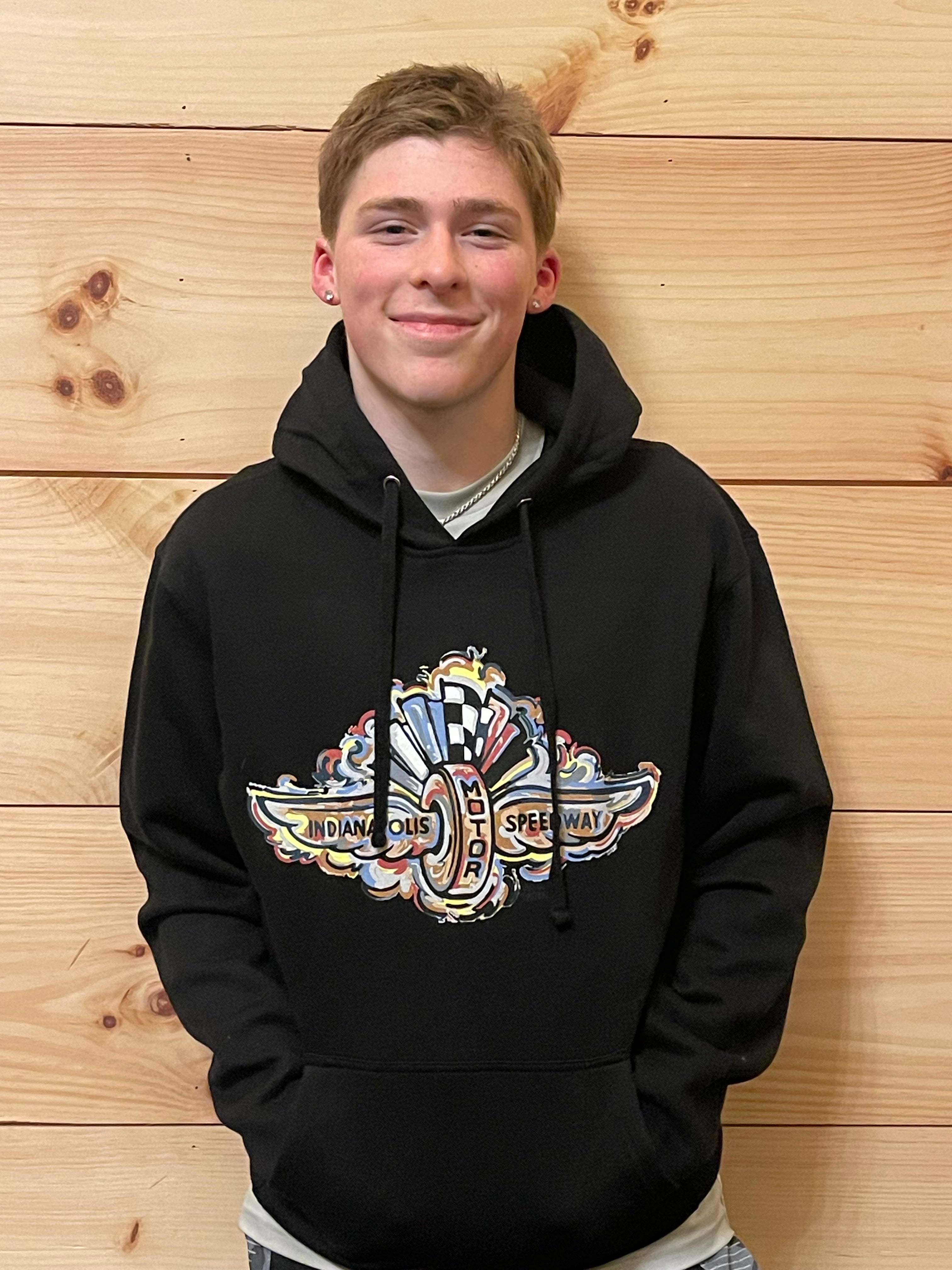 Indianapolis Motor Speedway Wing and Wheel Unisex Hoodie by Justin Patten (Black)