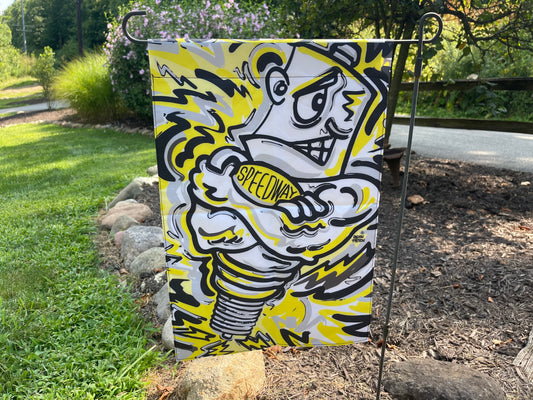 Speedway Sparkplug Garden Flag by Justin Patten (12.5 x 18.5, Gold, Indy 500, Speedway Schools, Storm Striker Art)