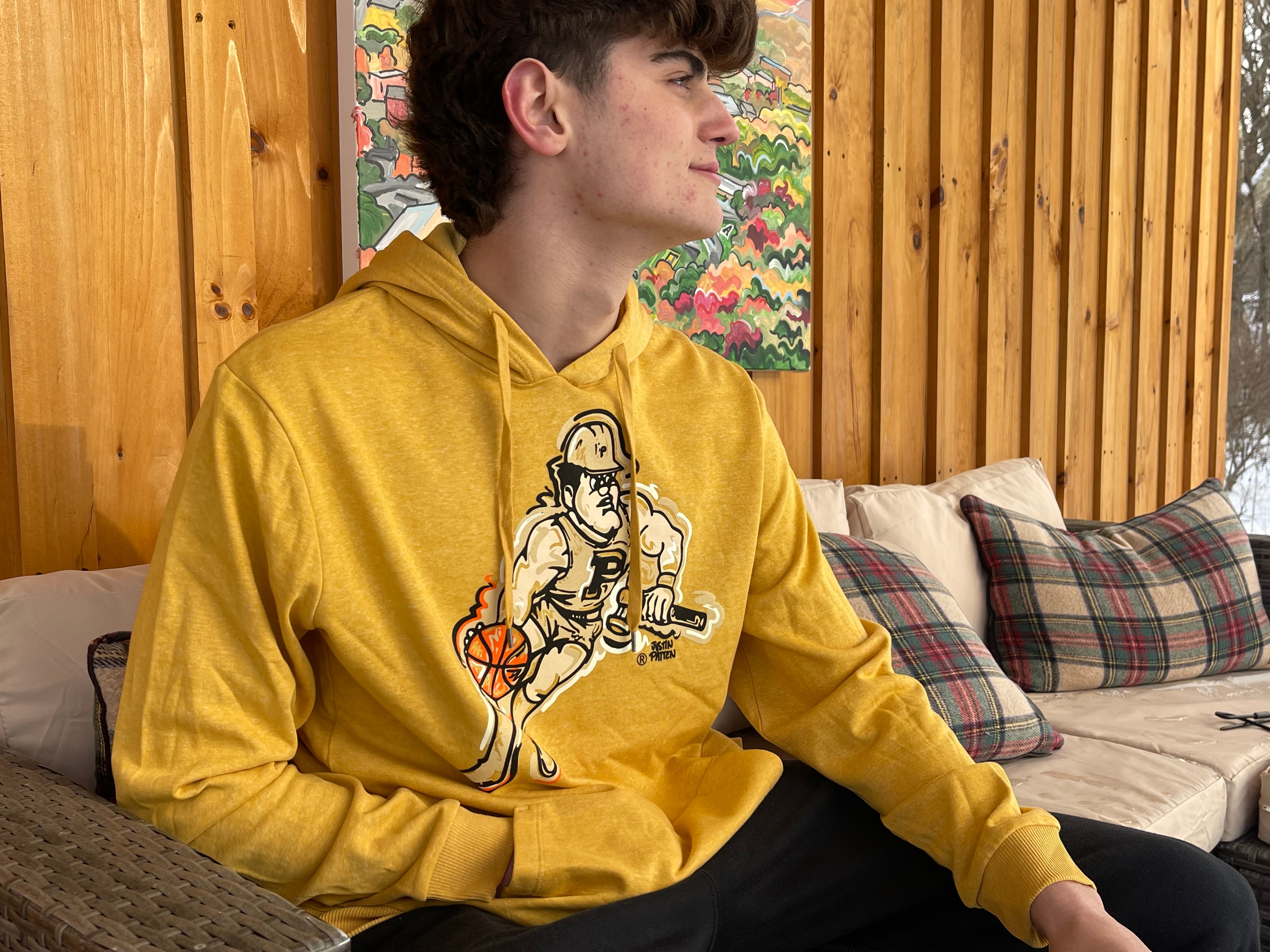 Purdue University Basketball Pete Unisex Fleece Old Gold Hoodie by Justin Patten (Purdue Pete, Boilermaker, Purdue Train)