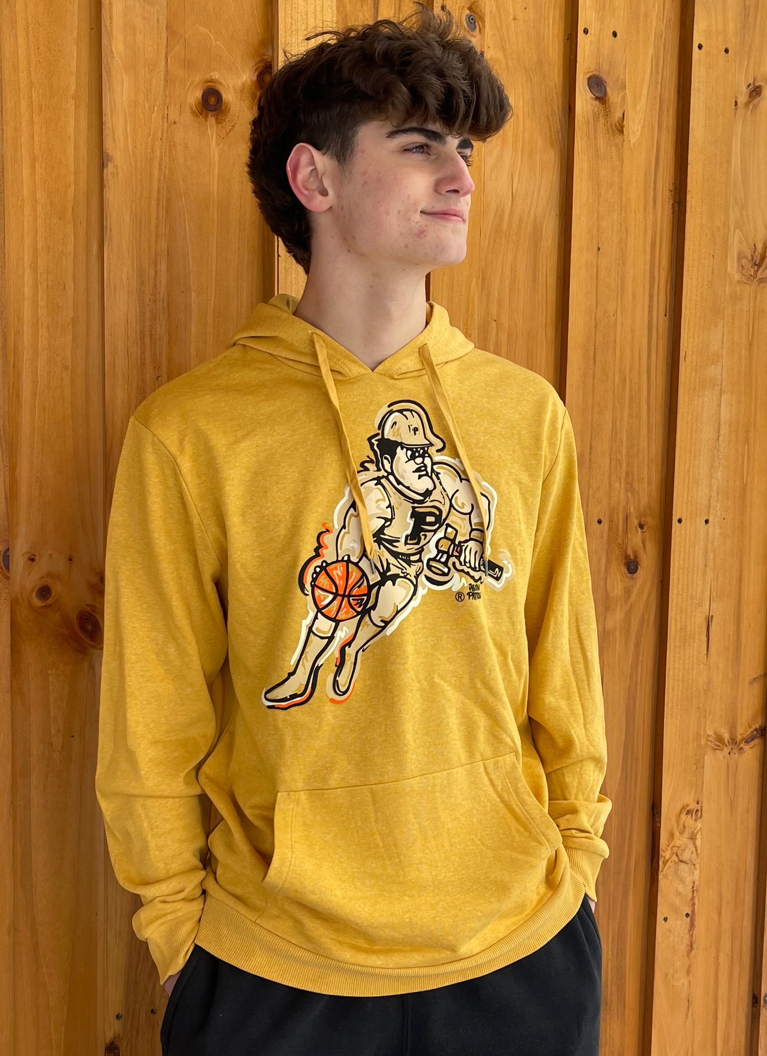 Purdue University Basketball Pete Unisex Fleece Old Gold Hoodie by Justin Patten (Purdue Pete, Boilermaker, Purdue Train)