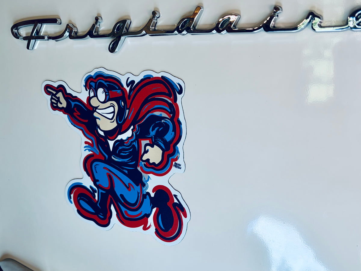 Flying D Rudy mascot magnet, blue and red cartoon character cutout