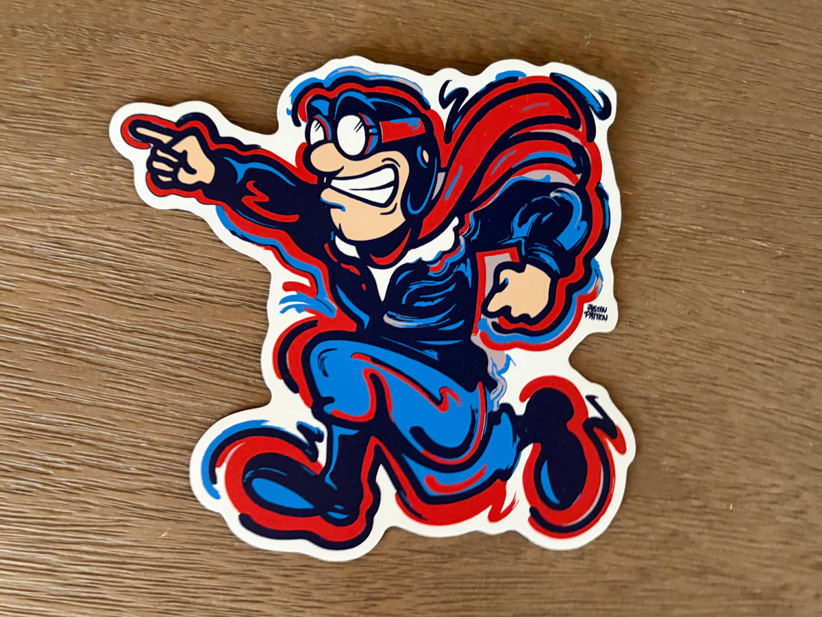Rudy mascot magnet, blue and red flying cartoon character cutout