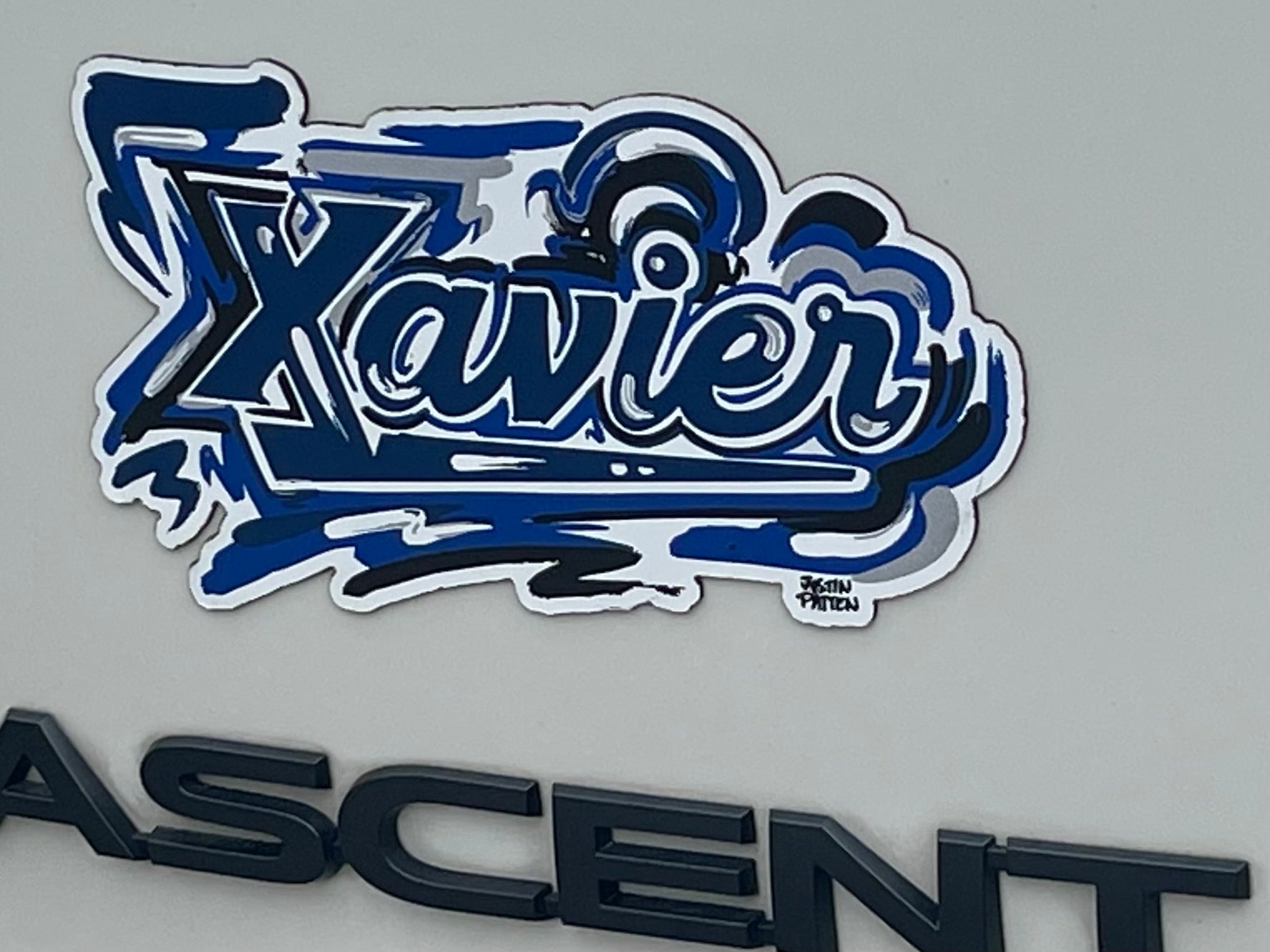 Xavier University Script Magnet  by Justin Patten (The Blue Blob, D'Artagnan, Cincinnati, Ohio, One for All)