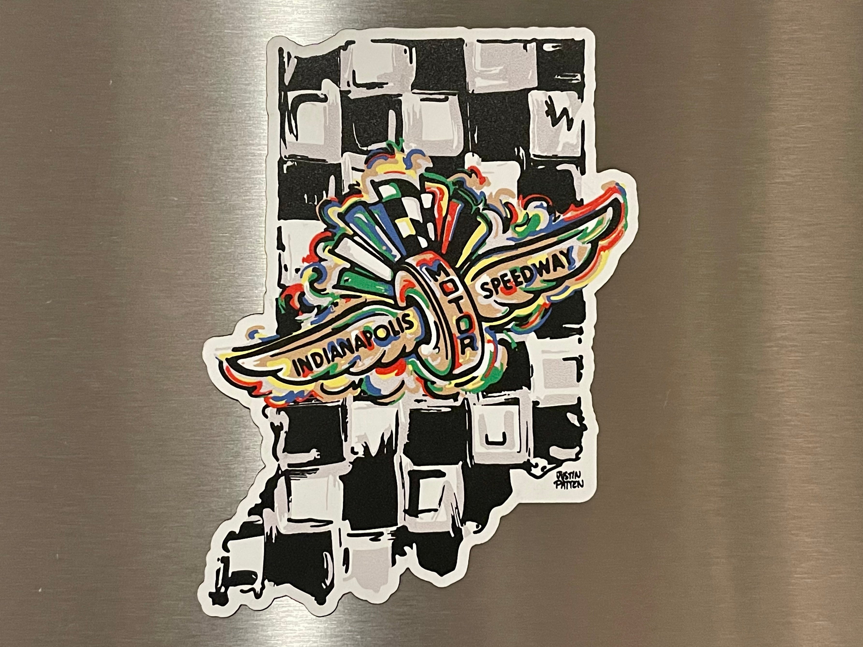 Indianapolis Motor Speedway Indiana Shape Wing and Wheel  Large Magnet by Justin Patten (IMS, Indy 500, Pagoda, Wing and Wheel)