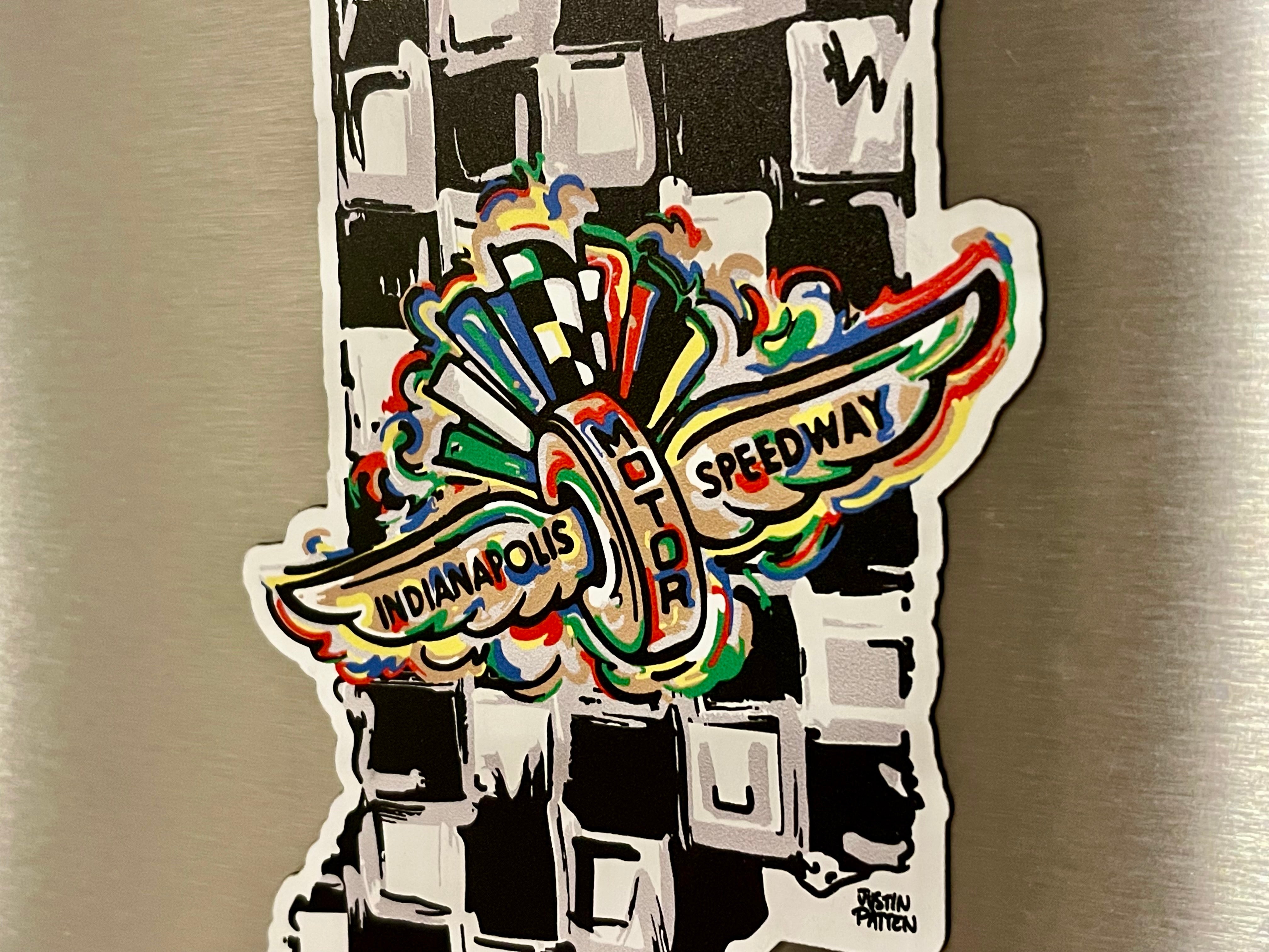 Indianapolis Motor Speedway Indiana Shape Wing and Wheel  Large Magnet by Justin Patten (IMS, Indy 500, Pagoda, Wing and Wheel)