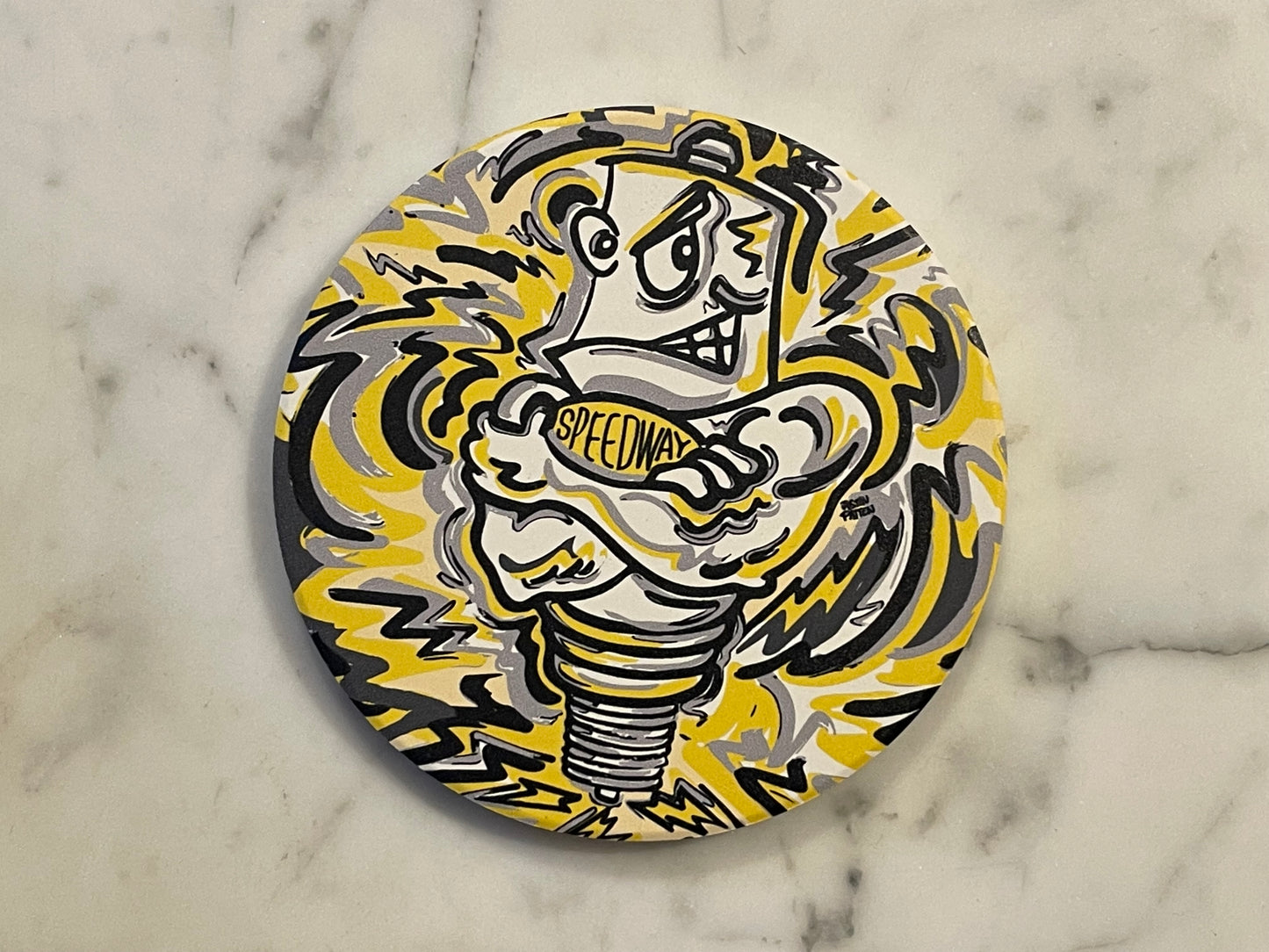 Speedway Sparkplug Mascot Stone Coaster by Justin Patten