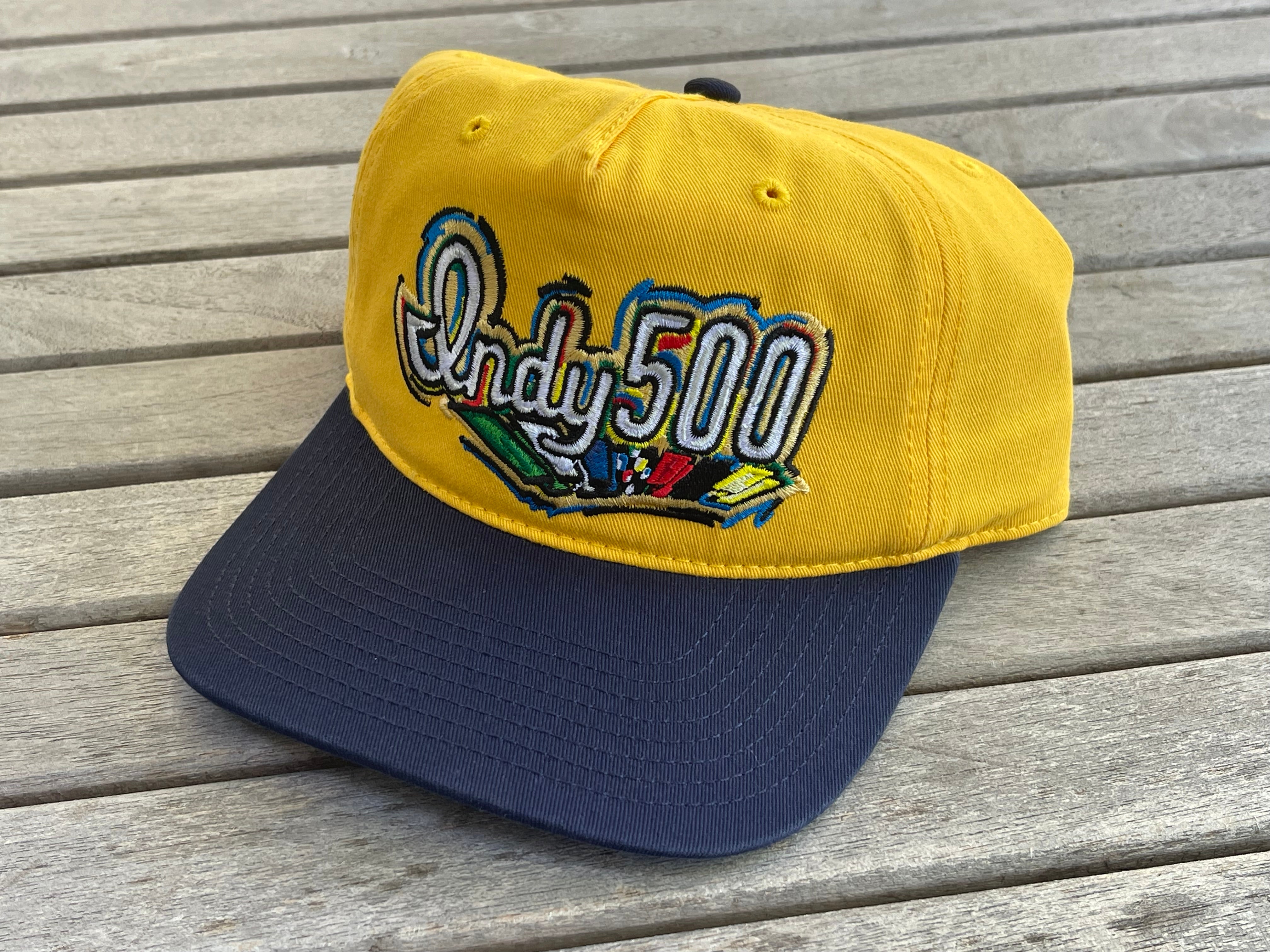 Indianapolis Motor Speedway Indy 500 Script Hat by Justin Patten (Navy Bill, Yellow Top) (IMS, Indy 500, Is it May)