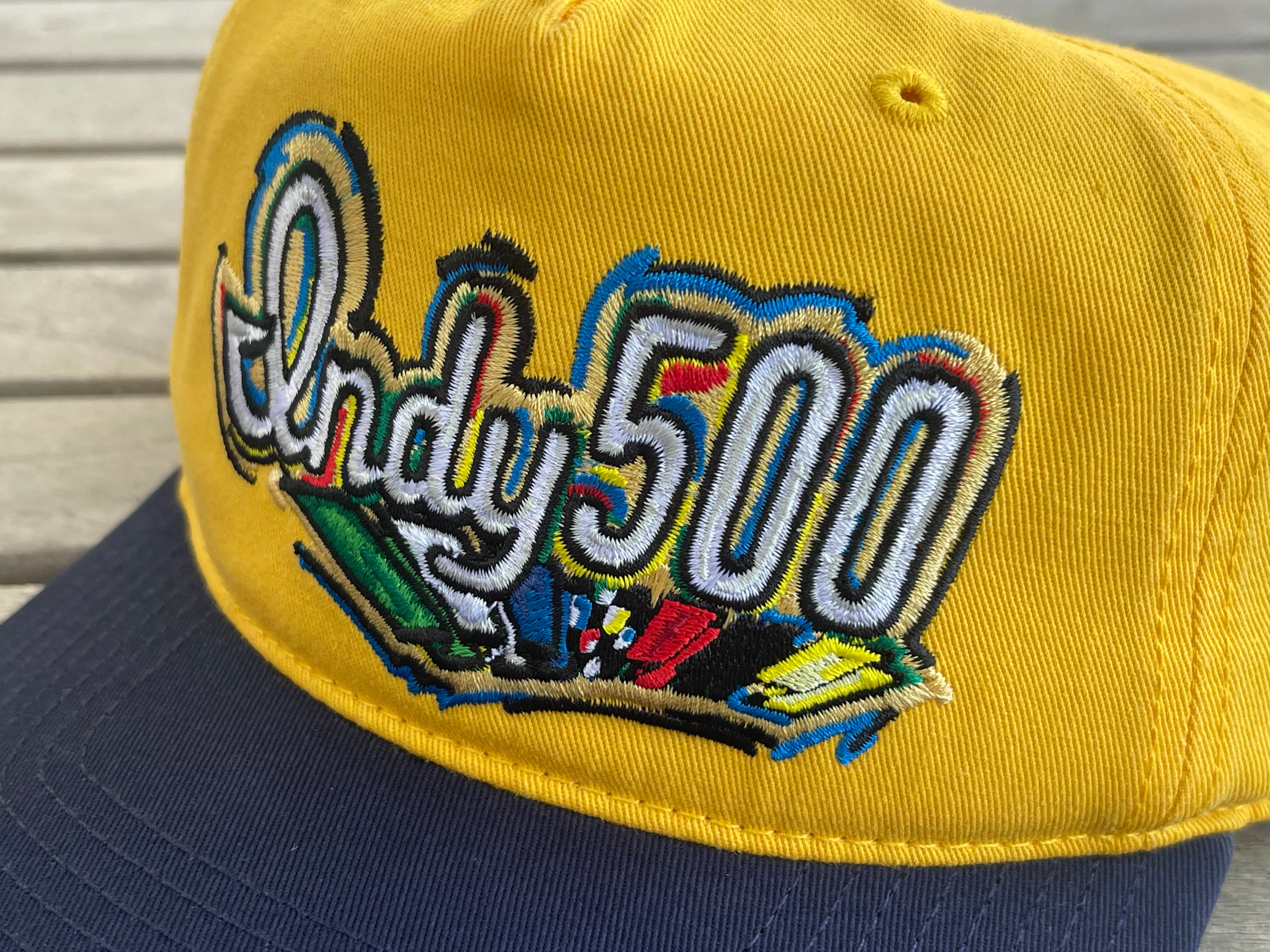 Indianapolis Motor Speedway Indy 500 Script Hat by Justin Patten (Navy Bill, Yellow Top) (IMS, Indy 500, Is it May)