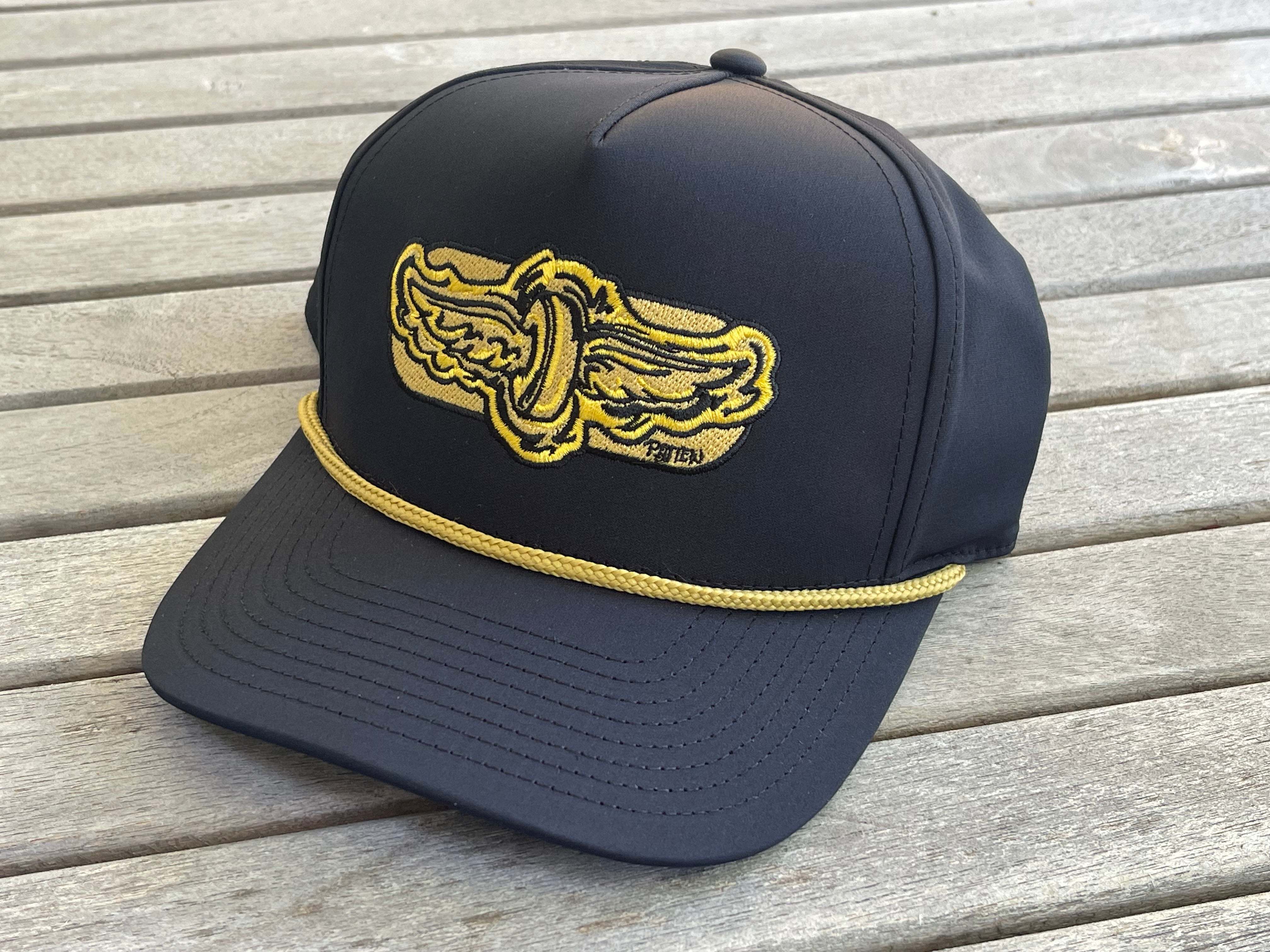 Indianapolis Motor Speedway Gold Wing and Wheel Hat with Gold Rope by Justin Patten (Black with Rope)
