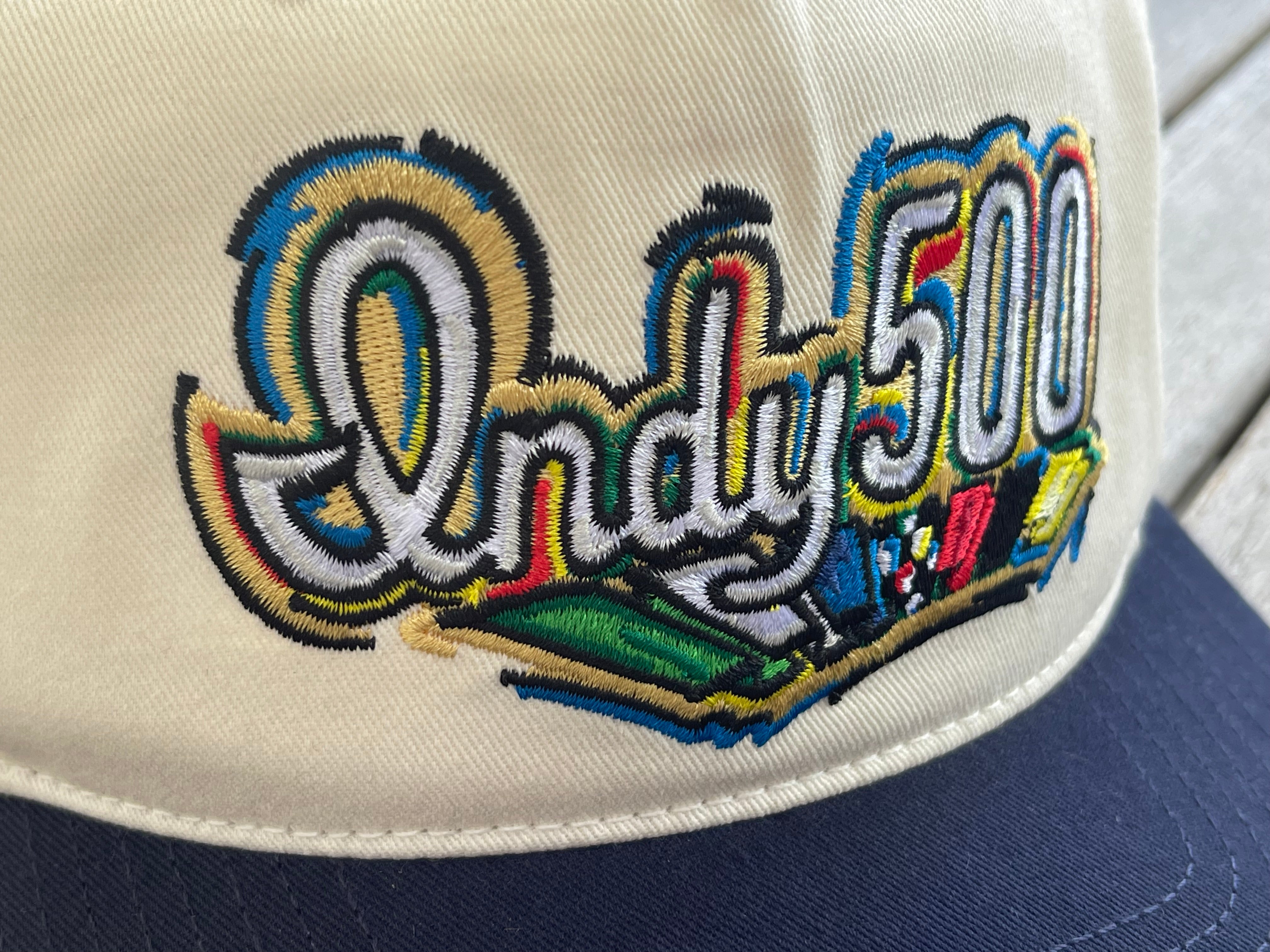 Indianapolis Motor Speedway Indy 500 Script Hat by Justin Patten (Navy Bill) (IMS, Indy 500, Is it May)