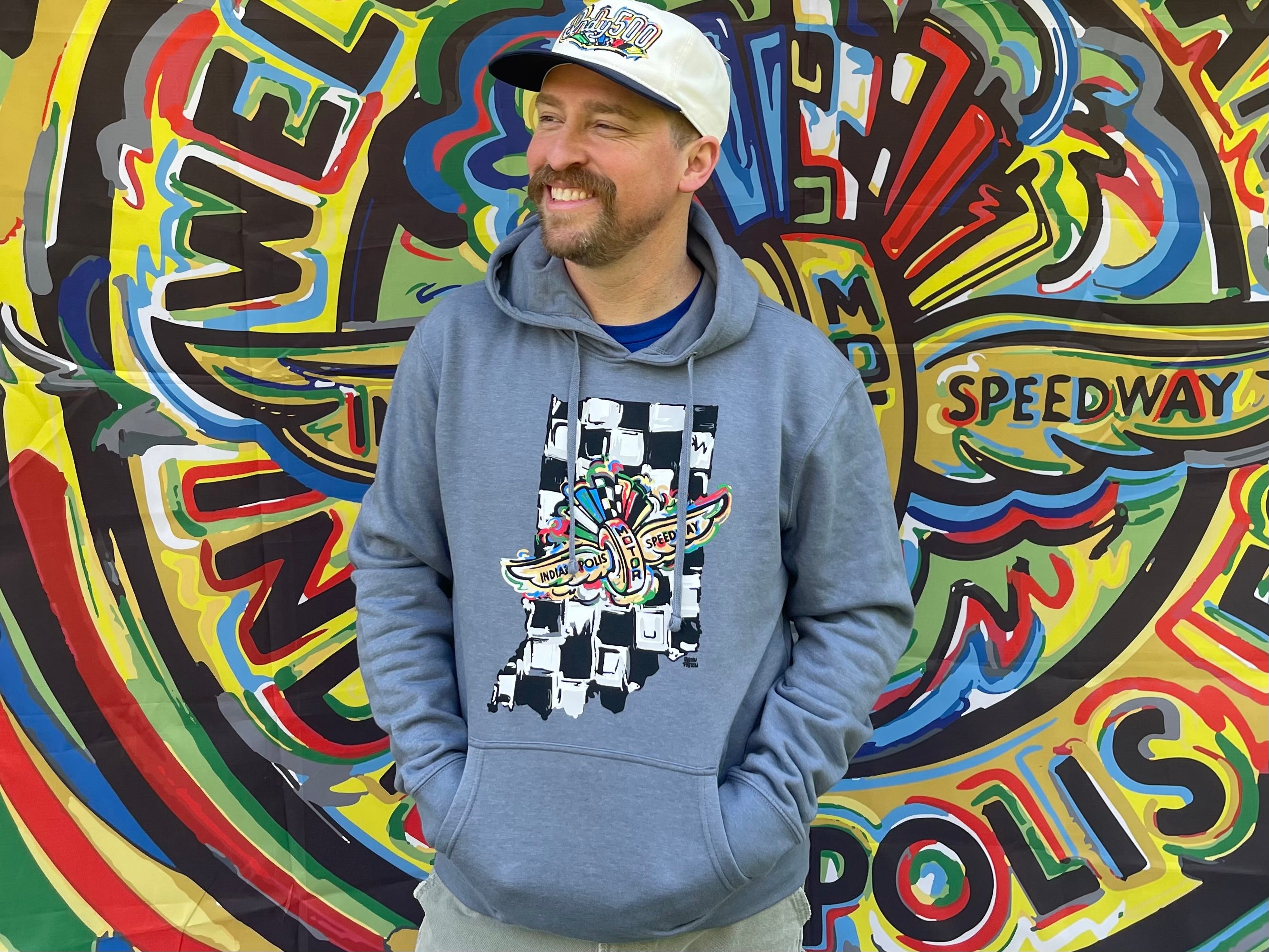 Indianapolis Motor Speedway Indiana Shape Wing and Wheel Unisex Hoodie by Justin Patten (IMS, Indy 500, Pagoda, Wing and Wheel)