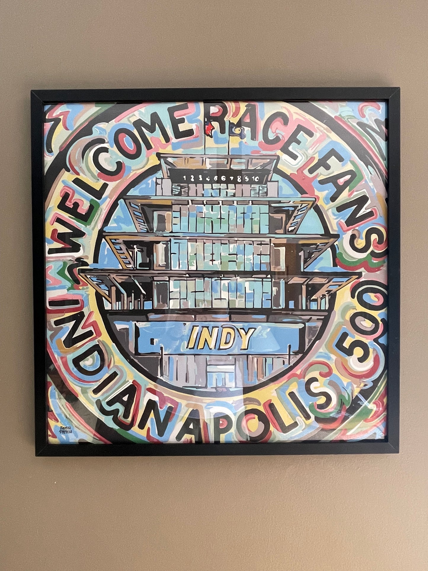 Indianapolis Motor Speedway 24"x24" Welcome Race Fans Pagoda Print by Justin Patten