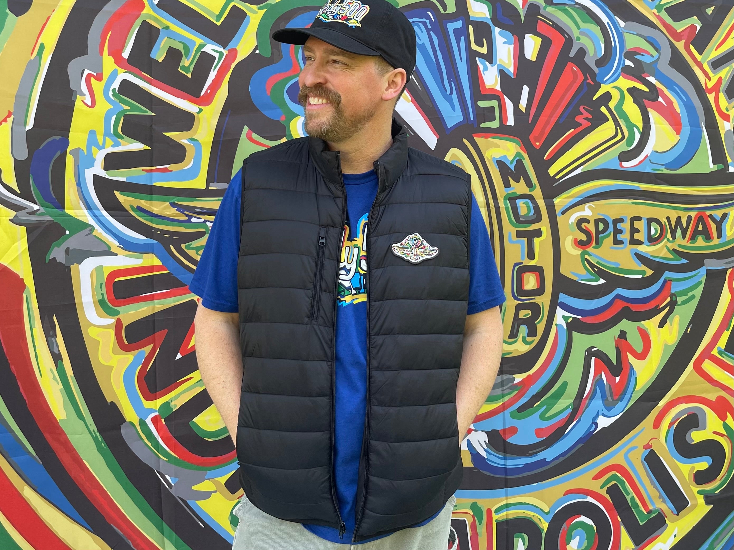Indianapolis Motor Speedway Wing and Wheel Zip Up Puffer Vest by Justin Patten (Black)(IMS, Indy 500, Indianapolis)