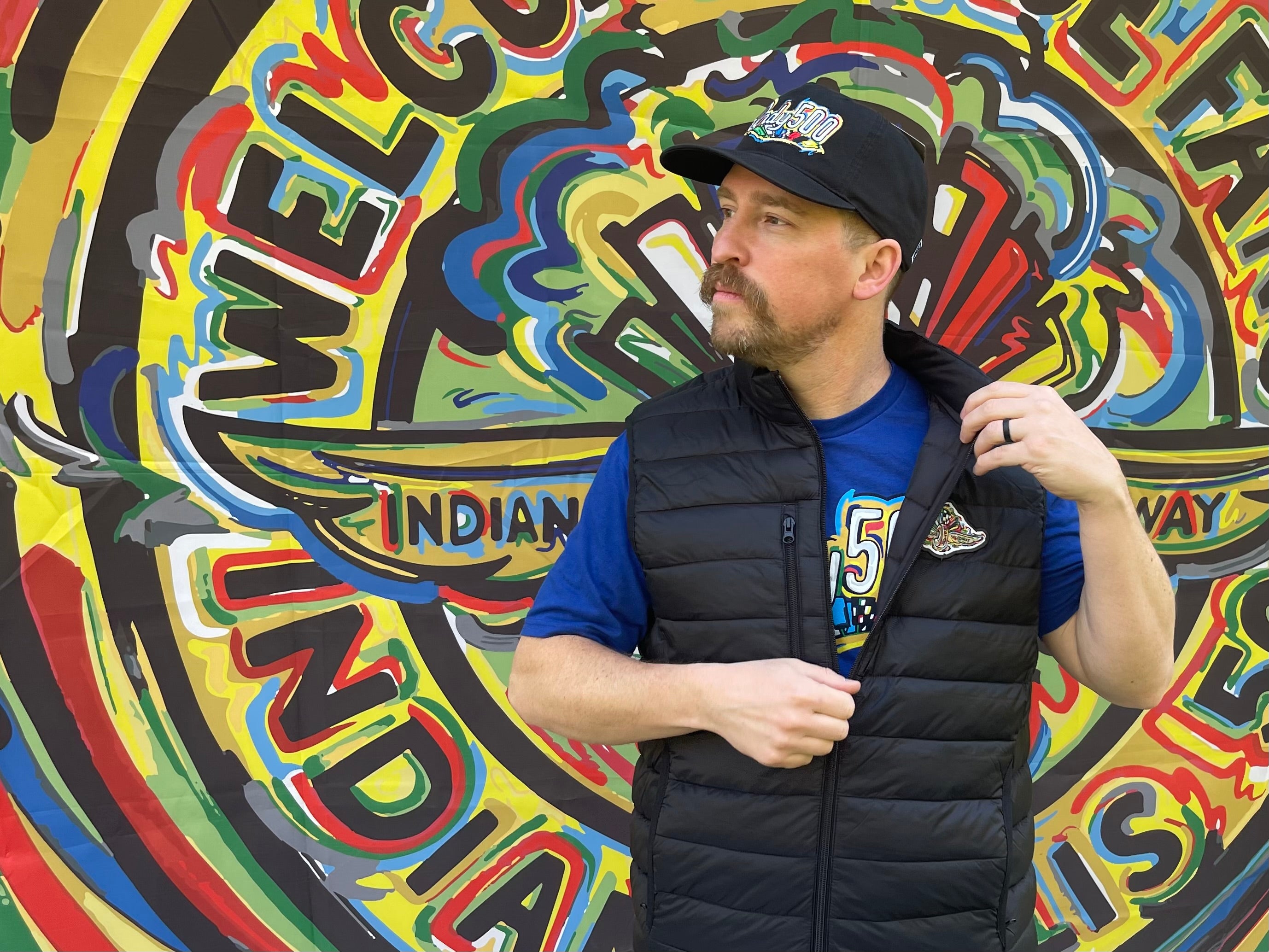 Indianapolis Motor Speedway Wing and Wheel Zip Up Puffer Vest by Justin Patten (Black)(IMS, Indy 500, Indianapolis)