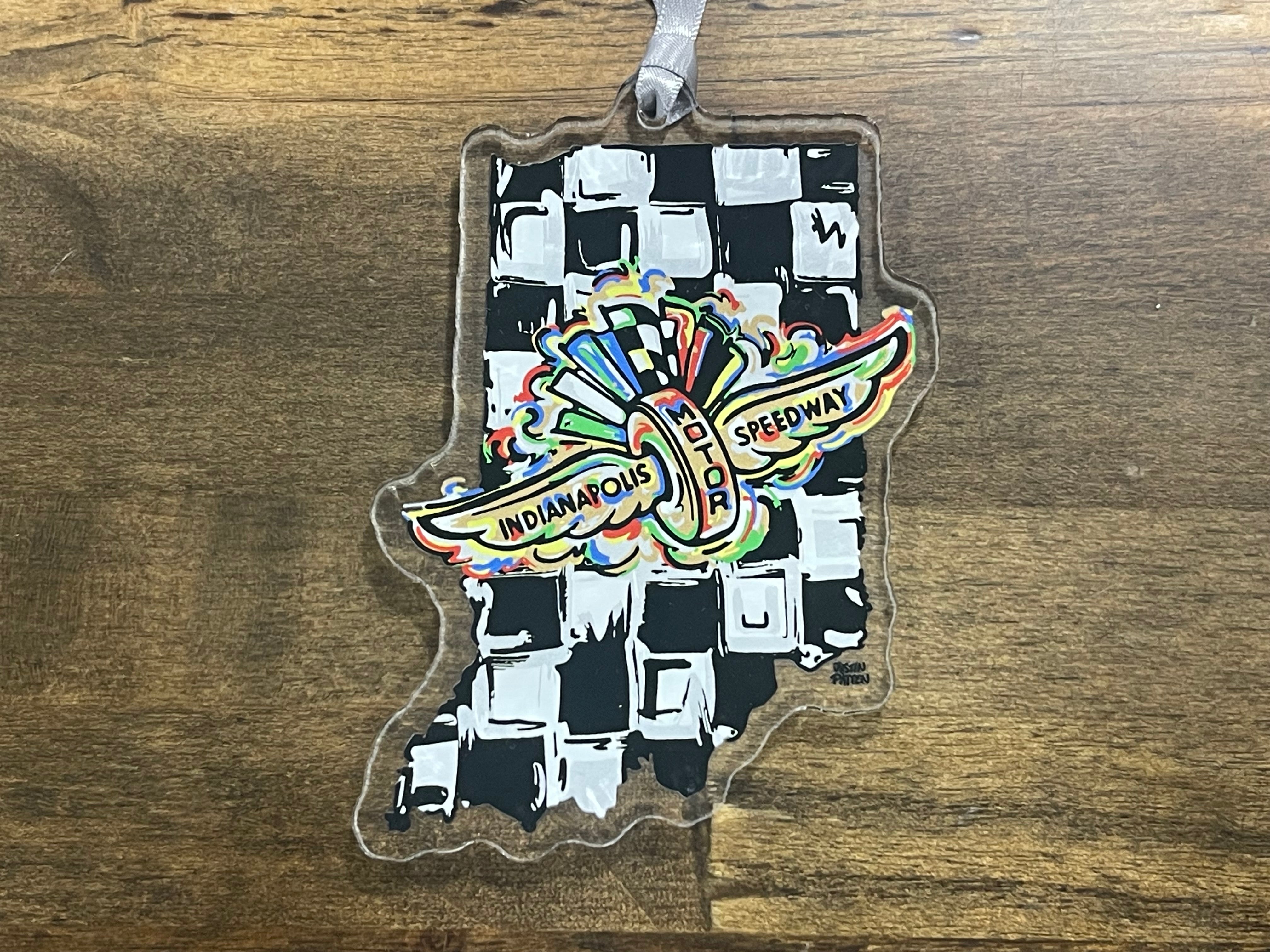 Indianapolis Motor Speedway Wing and Wheel Indiana Shape Ornament by Justin Patten (IMS, Indy 500, Pagoda, Wing and Wheel)