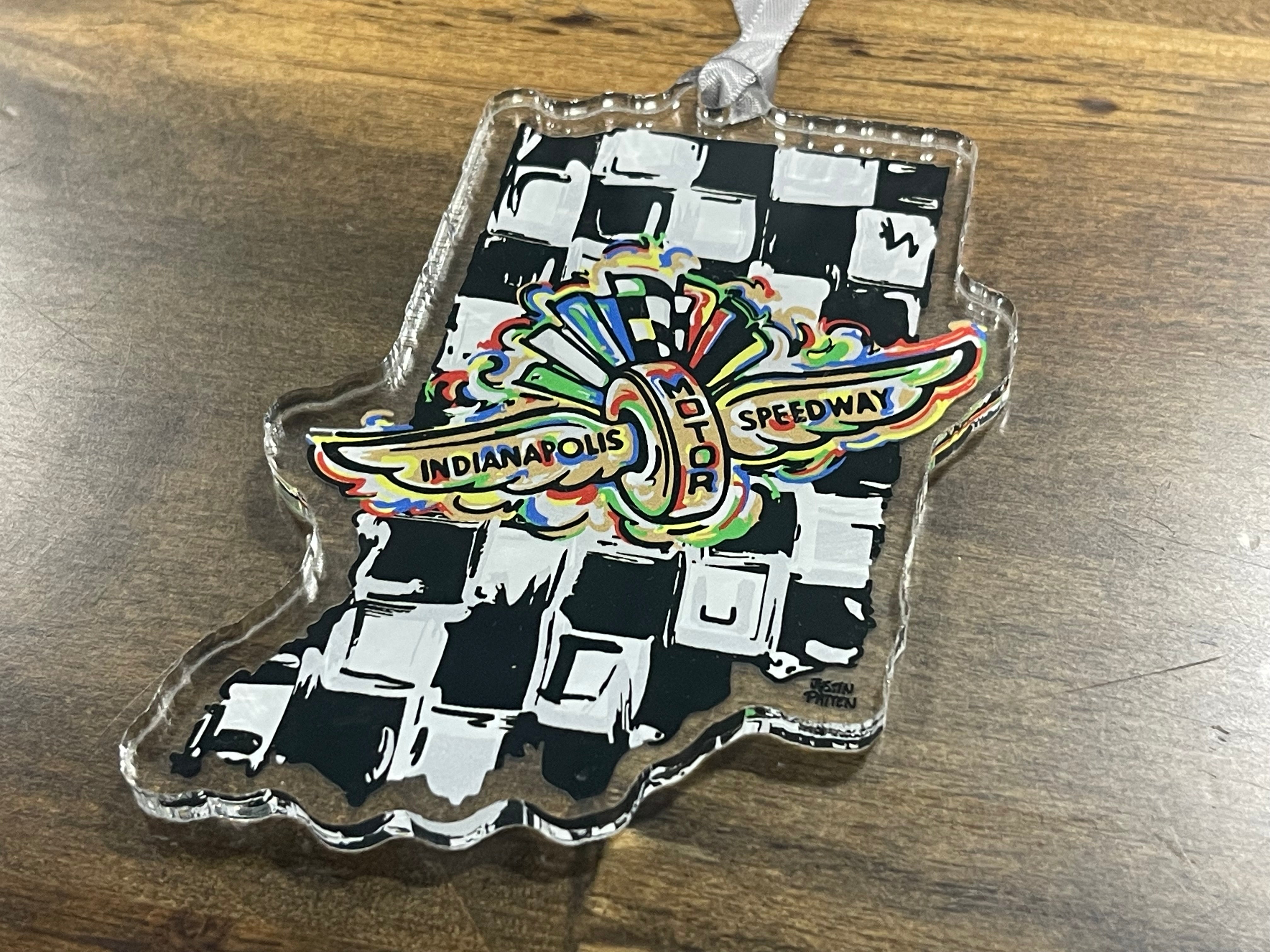 Indianapolis Motor Speedway Wing and Wheel Indiana Shape Ornament by Justin Patten (IMS, Indy 500, Pagoda, Wing and Wheel)