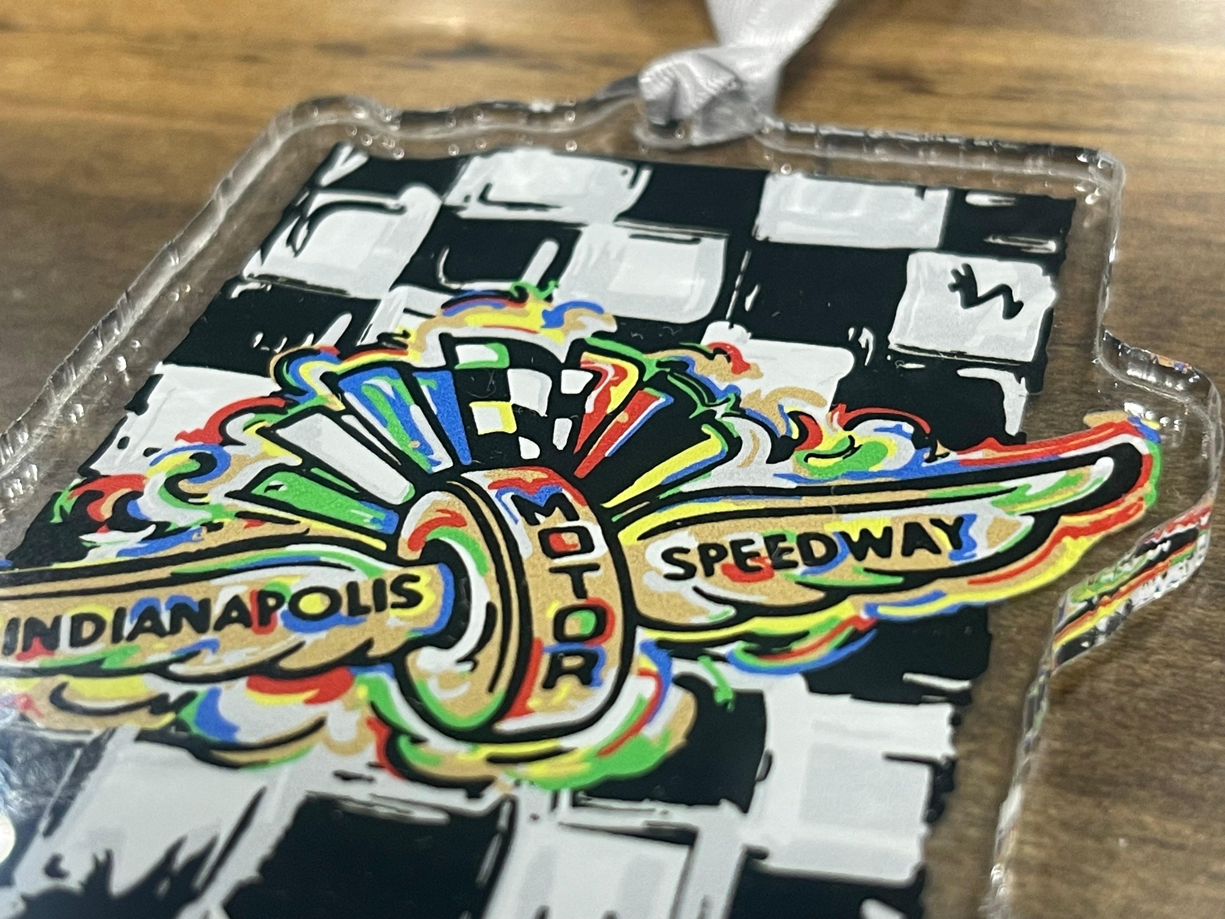 Indianapolis Motor Speedway Wing and Wheel Indiana Shape Ornament by Justin Patten (IMS, Indy 500, Pagoda, Wing and Wheel)