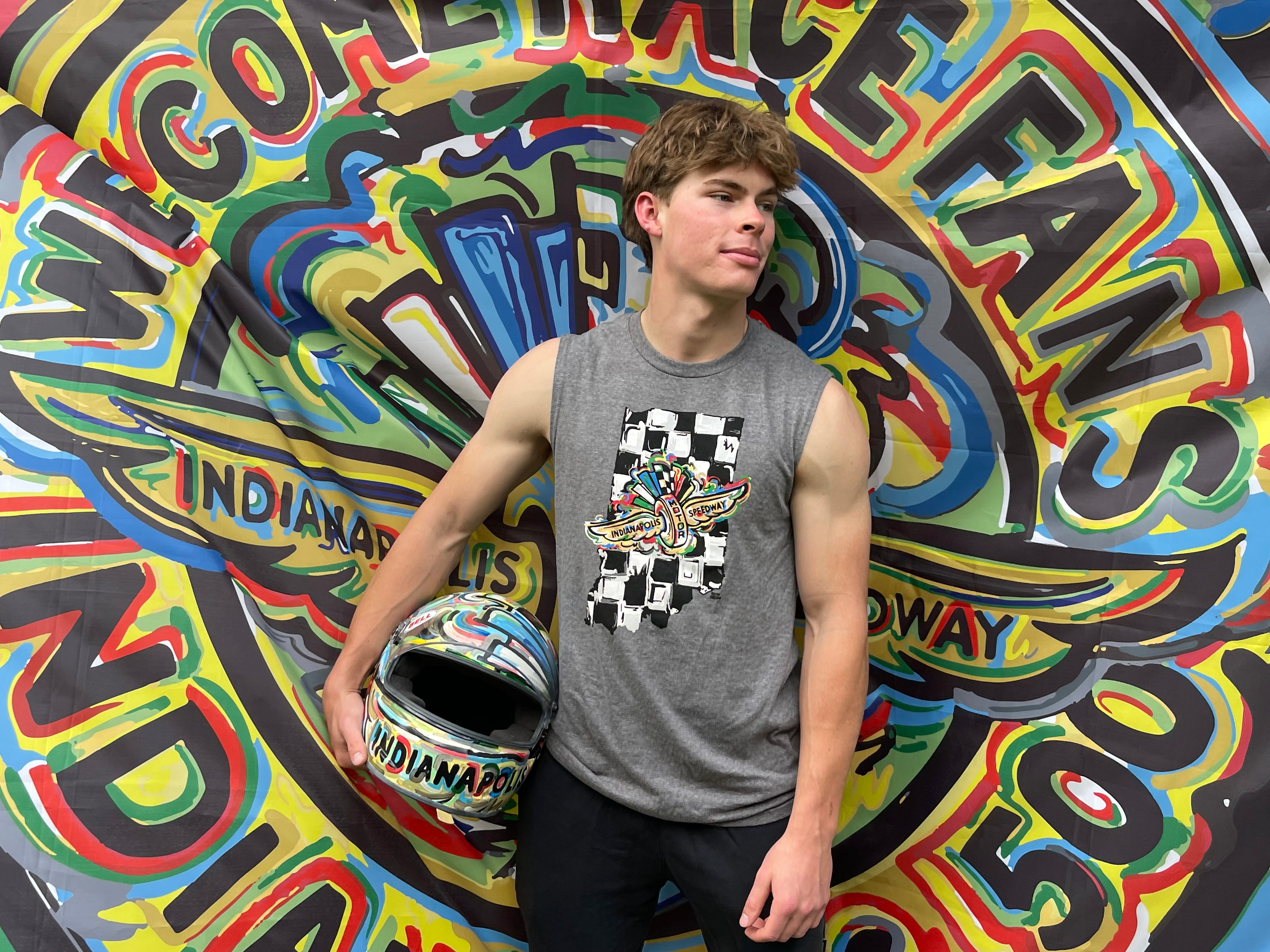 Indianapolis Motor Speedway Indiana Shape Wing and Wheel Men's Muscle Tank by Justin Patten (Grey Frost)(IMS, Indy 500, Pagoda, Wing and Wheel)