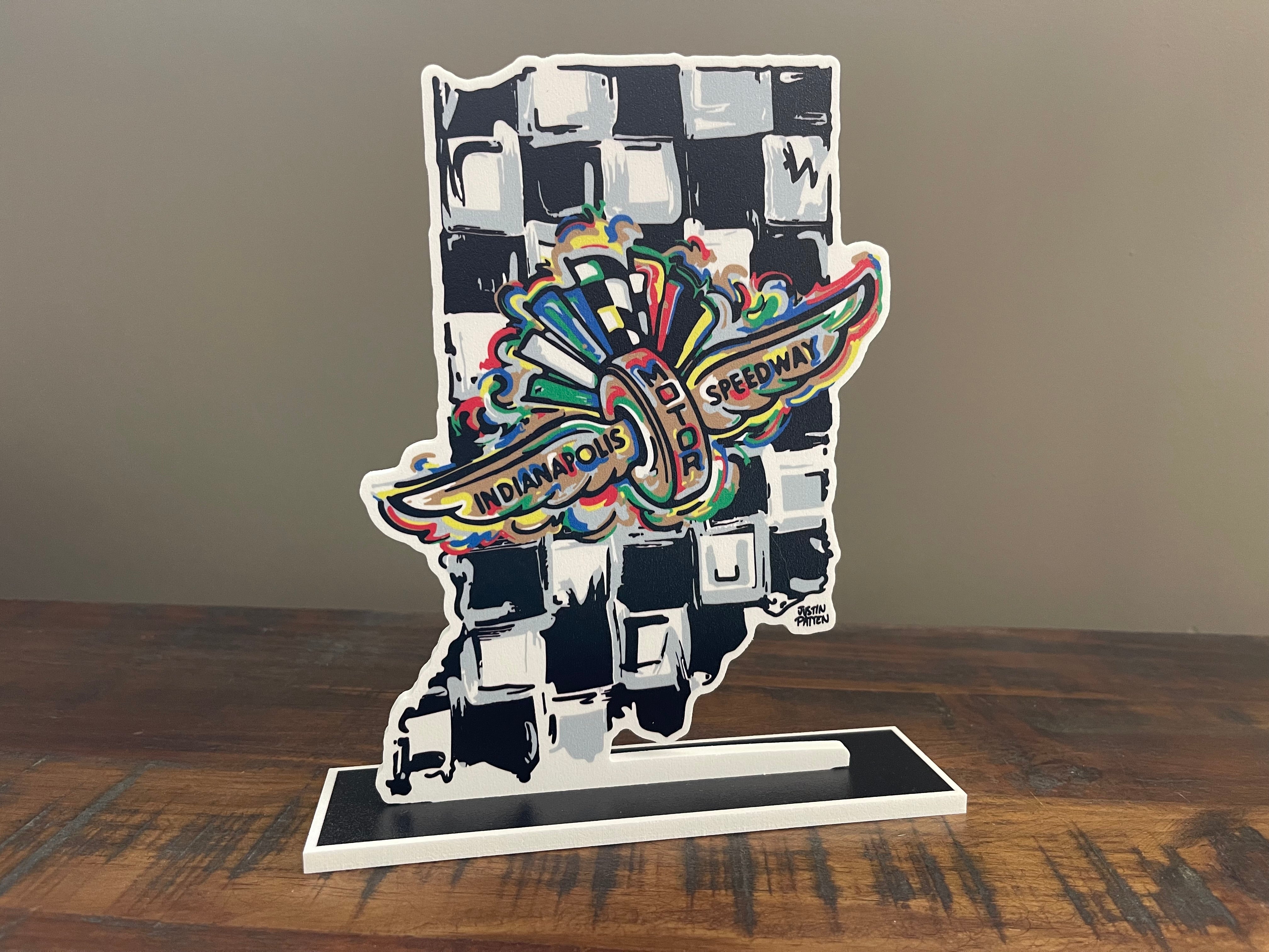 Indianapolis Motor Speedway Indiana State Shape Wing and Wheel Standee by Justin Patten (IMS, Indy 500, Pagoda, Wing and Wheel)